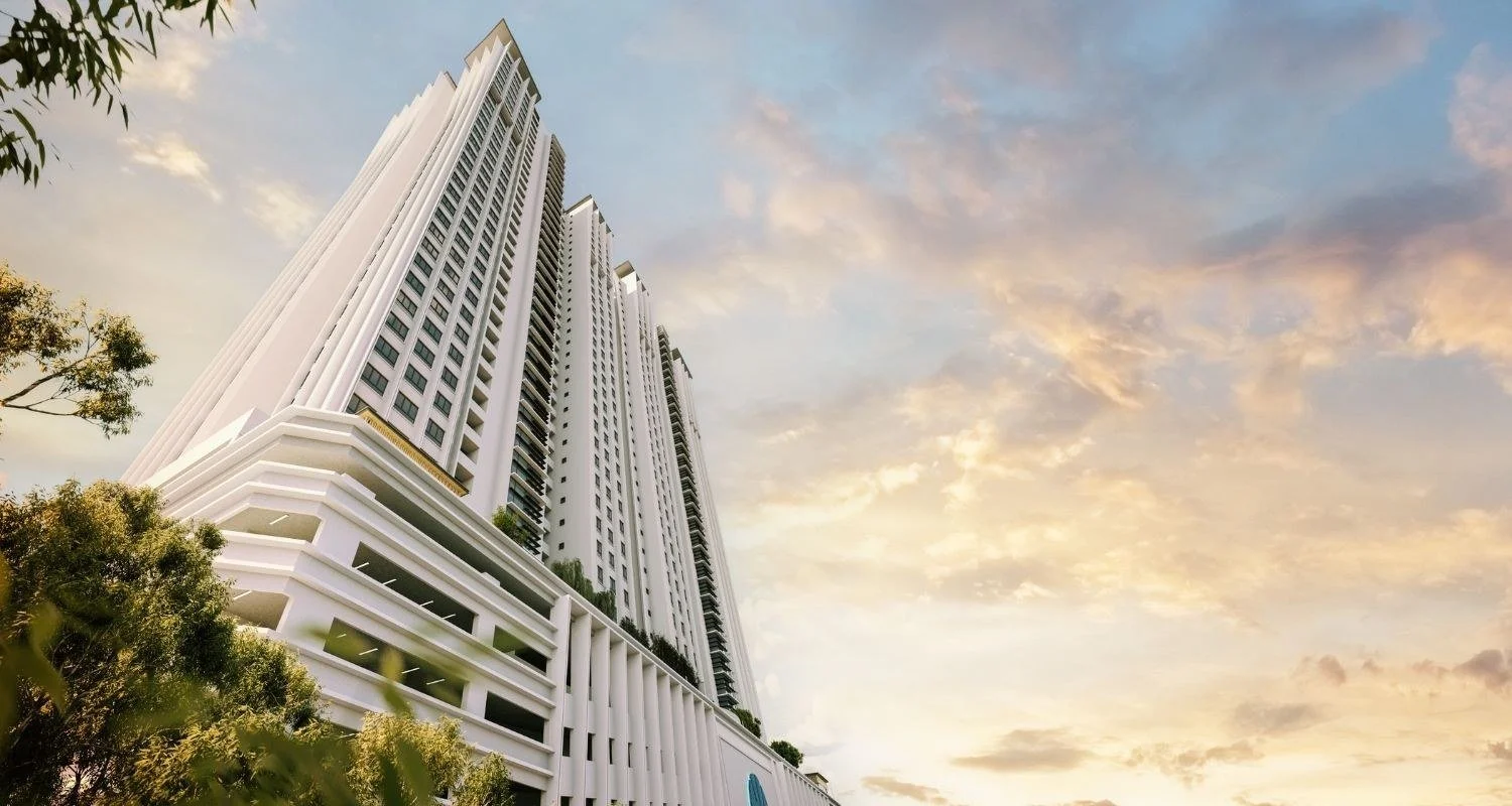 Waterstone Penang twin towers at sunset showing the full exterior of the development.