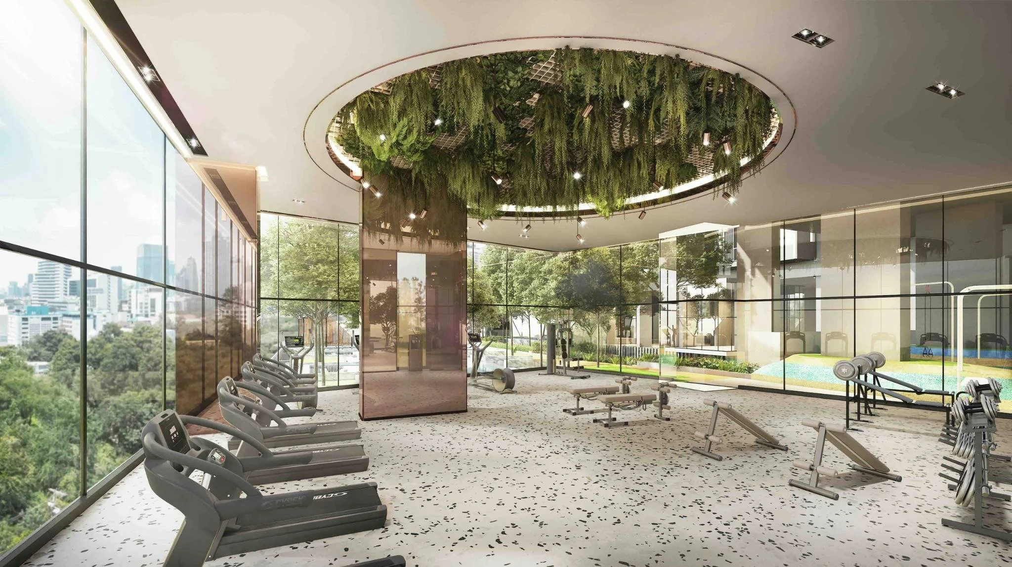 Ideo Sukhumvit Rama 4 Bangkok – fitness centre with panoramic city view and modern equipment.