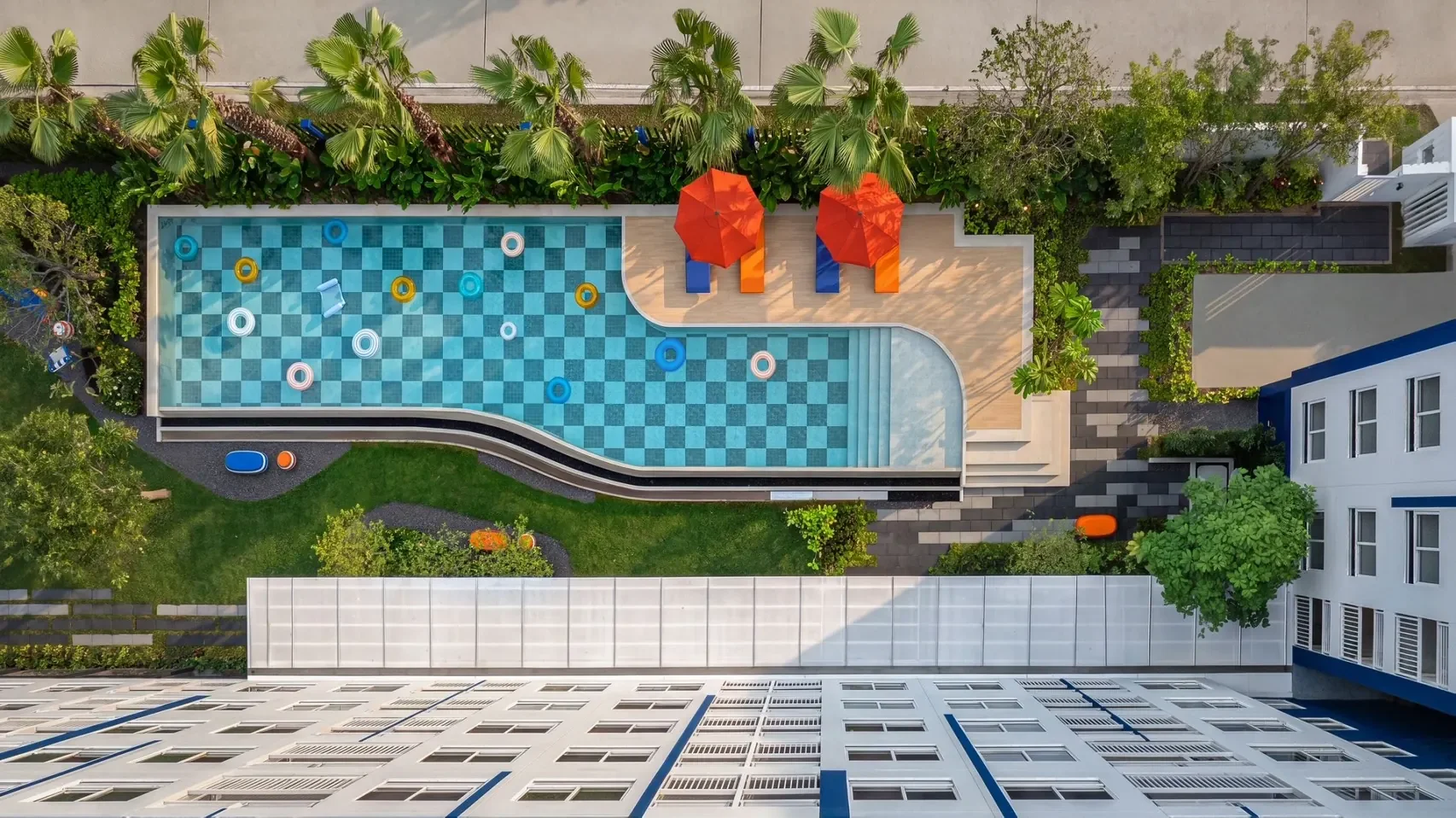 Aerial view of the landscaped swimming pool at Hub Hua Hin.