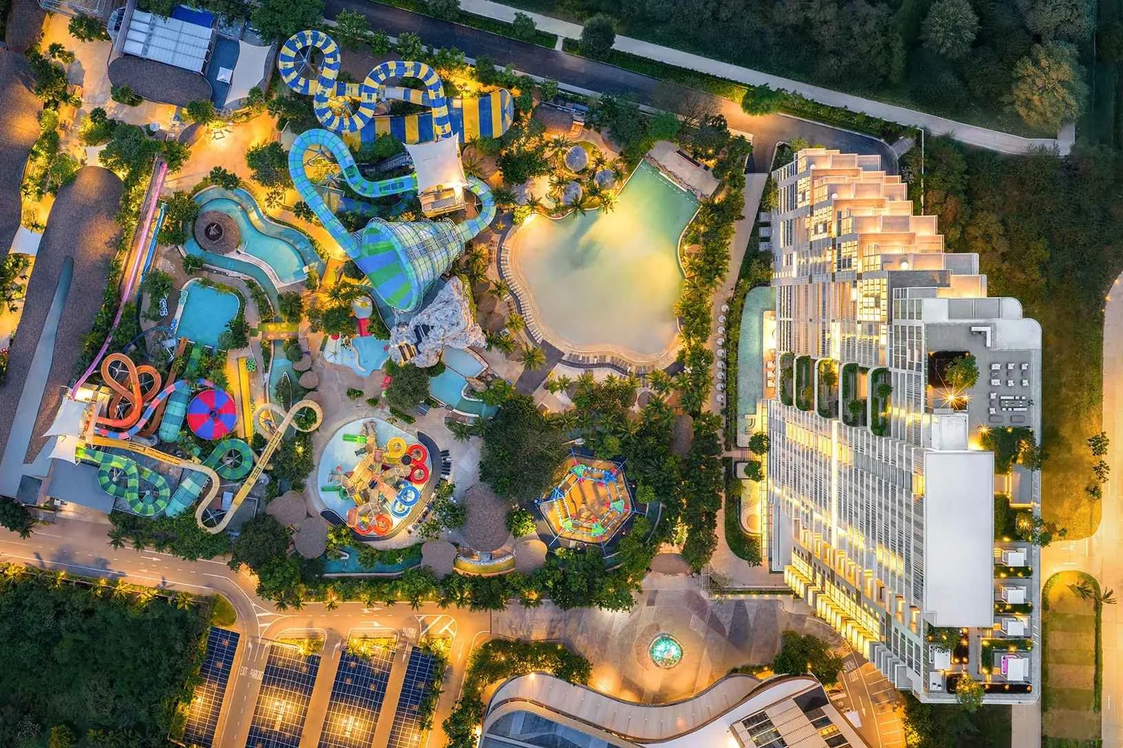 Night aerial view of Vehha Hua Hin beside Vana Nava Water Park in Hua Hin, Thailand.