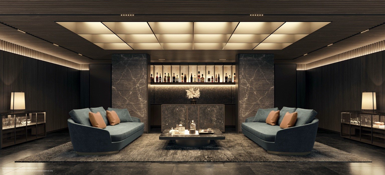 Private hidden lounge with blue seating at The Panora Estuaria.