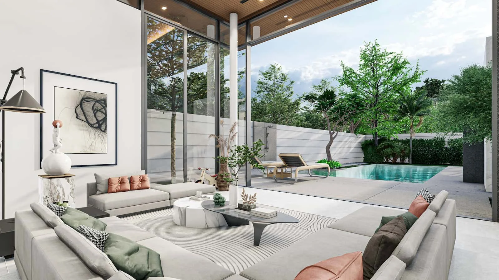 Mouana Serenity Cherngtalay – Luxury villa, lounge with open floor to ceiling glass doors looking onto private pool area.