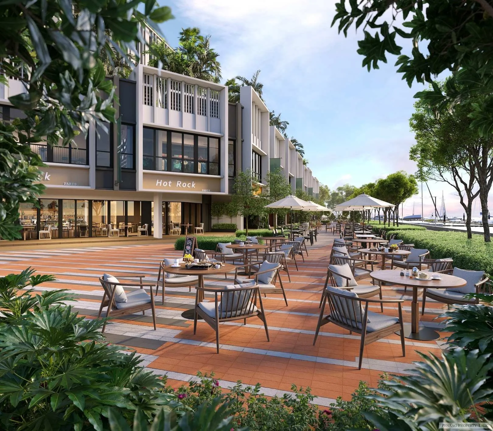 Waterfront retail promenade and cafés at Maris Andaman Island, Penang.