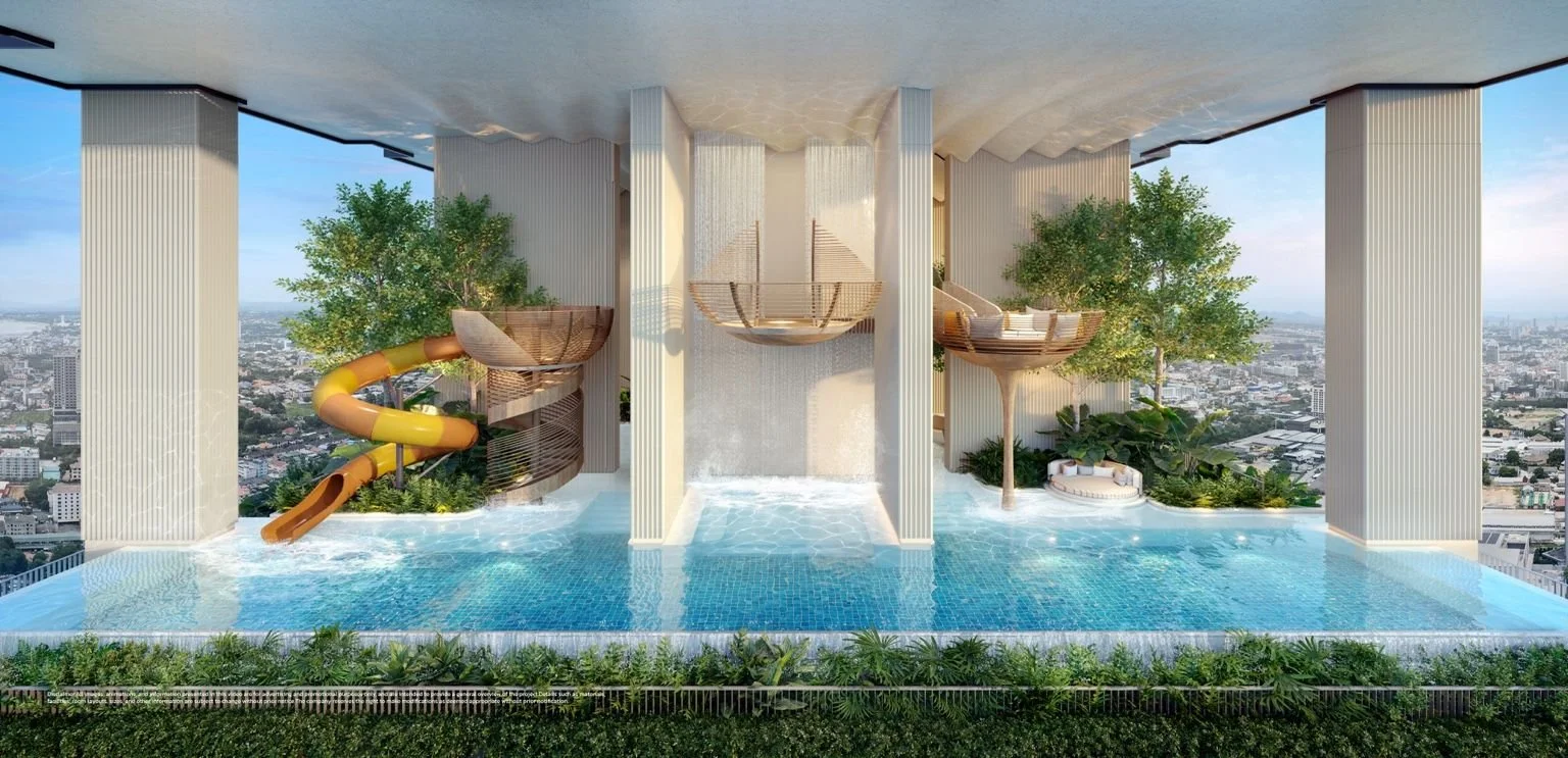 Sky pool with panoramic Pattaya coastline views.