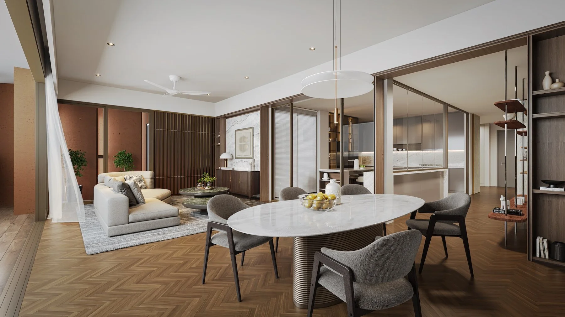 Open-plan living and dining area at The Lume by E&O with premium finishes and integrated kitchen.