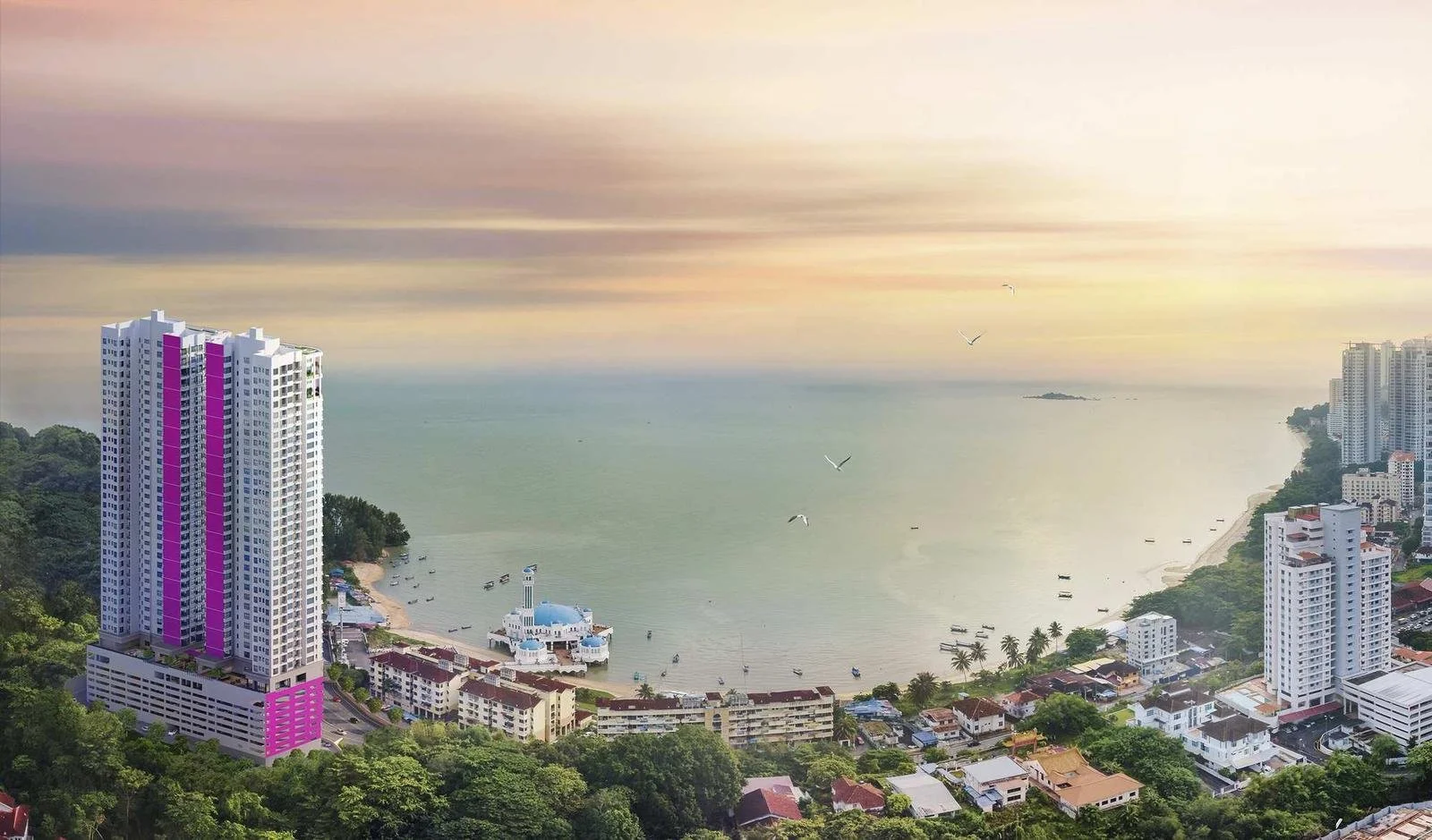 Rear view of Blossom Suites showing the high-rise towers positioned along the waterfront near Batu Ferringhi.