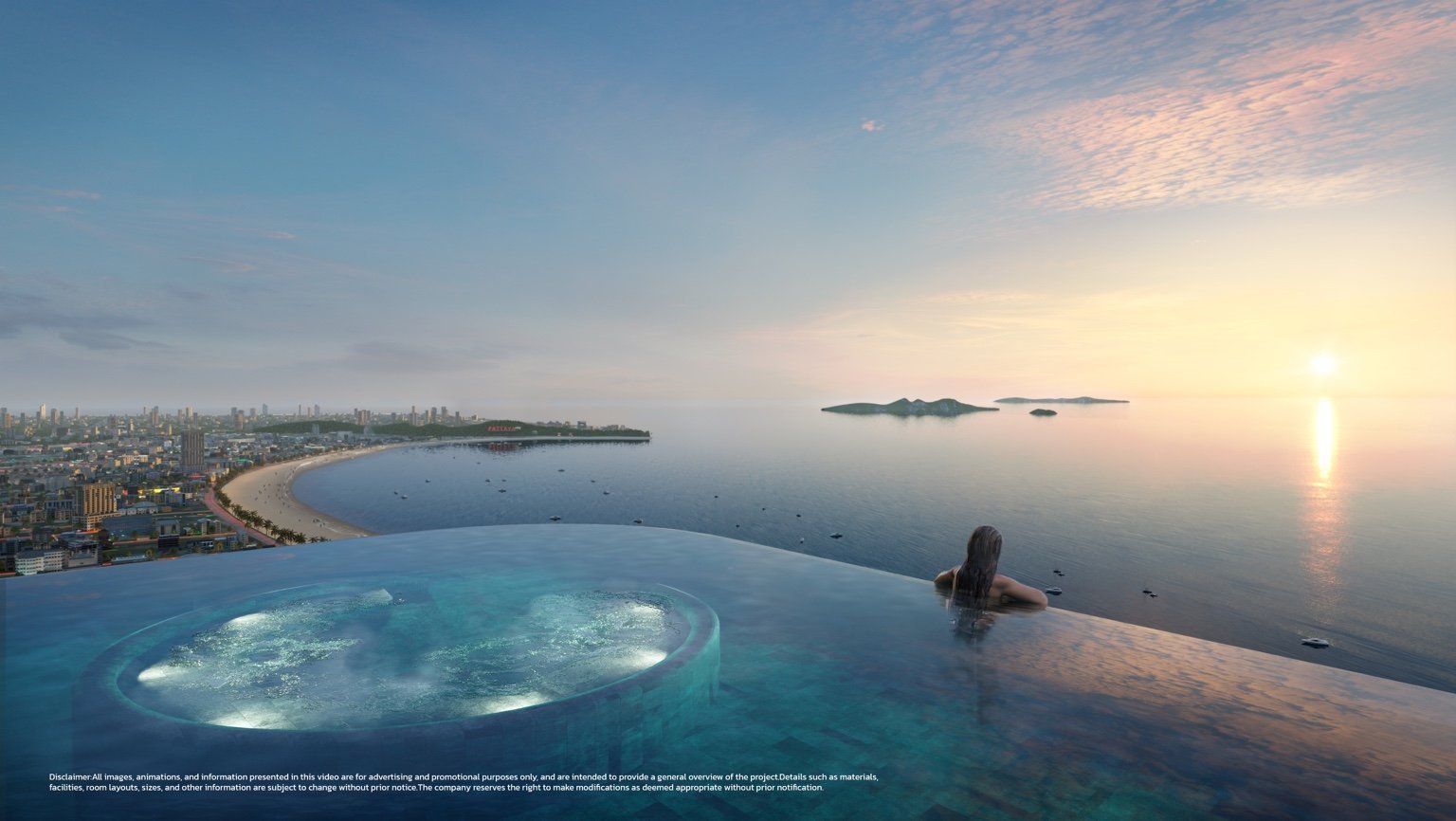 Facilities jacuzzi terrace overlooking Pattaya Bay at sunset.