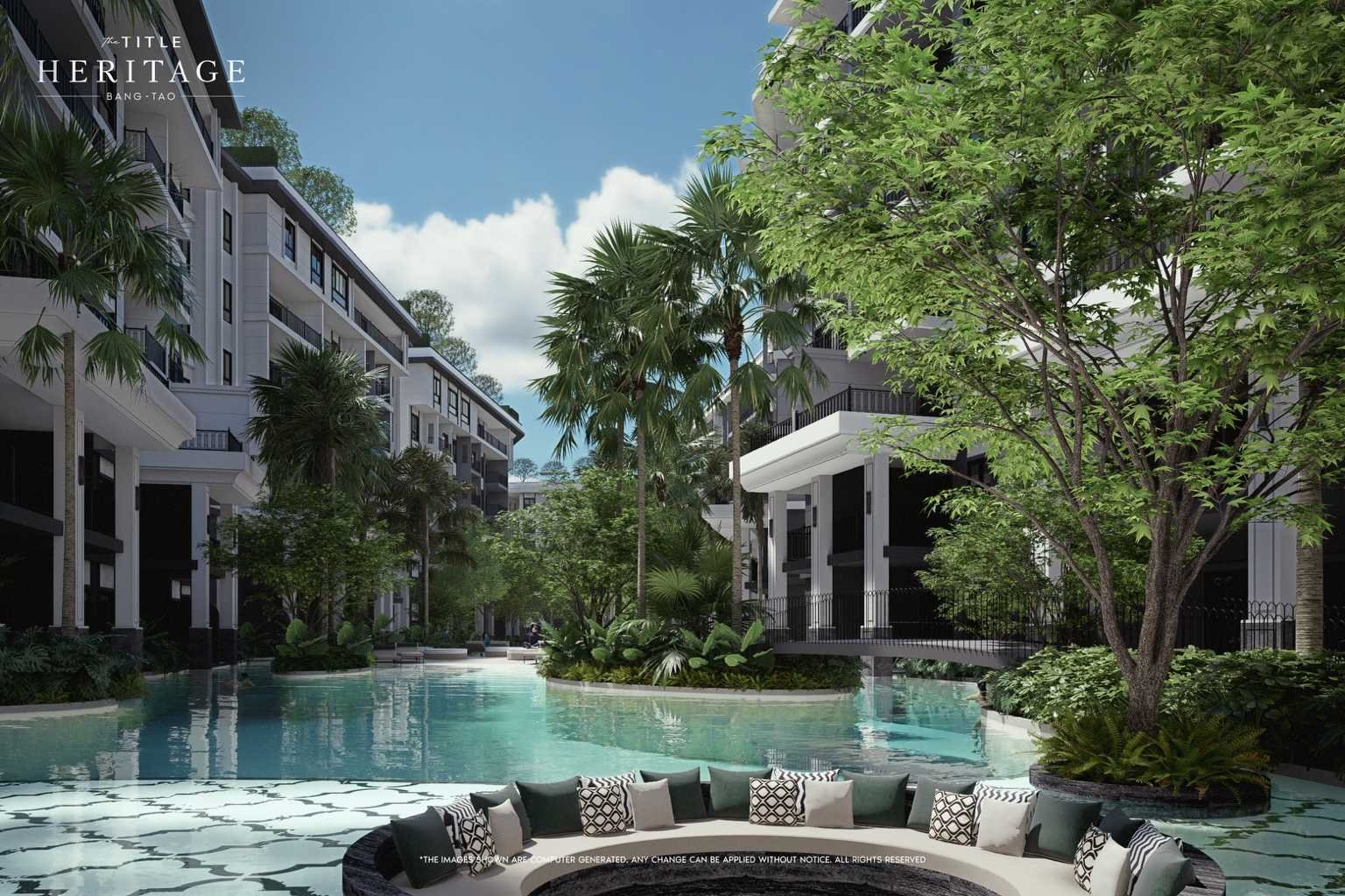 Lagoon-style pool courtyard with circular sunken seating area at The Title Heritage Bang Tao, Phuket.