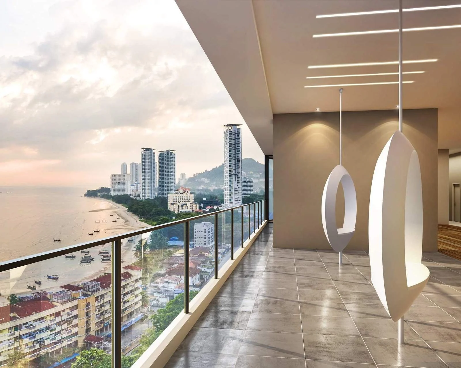 Viewing deck at Blossom Suites offering open views of the sea and horizon along Penang’s northern coast.