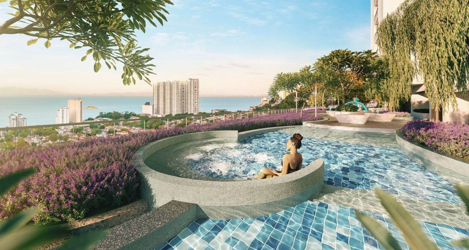 Hydrotherapy pool at Waterstone Penang with elevated sea views across Tanjung Bungah.