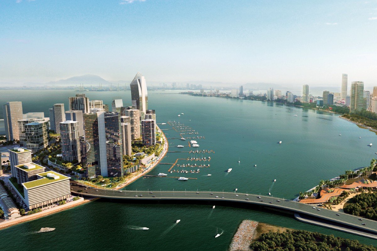 Aerial view of Andaman Island in Penang showing the waterfront masterplan, marina setting and surrounding coastline.