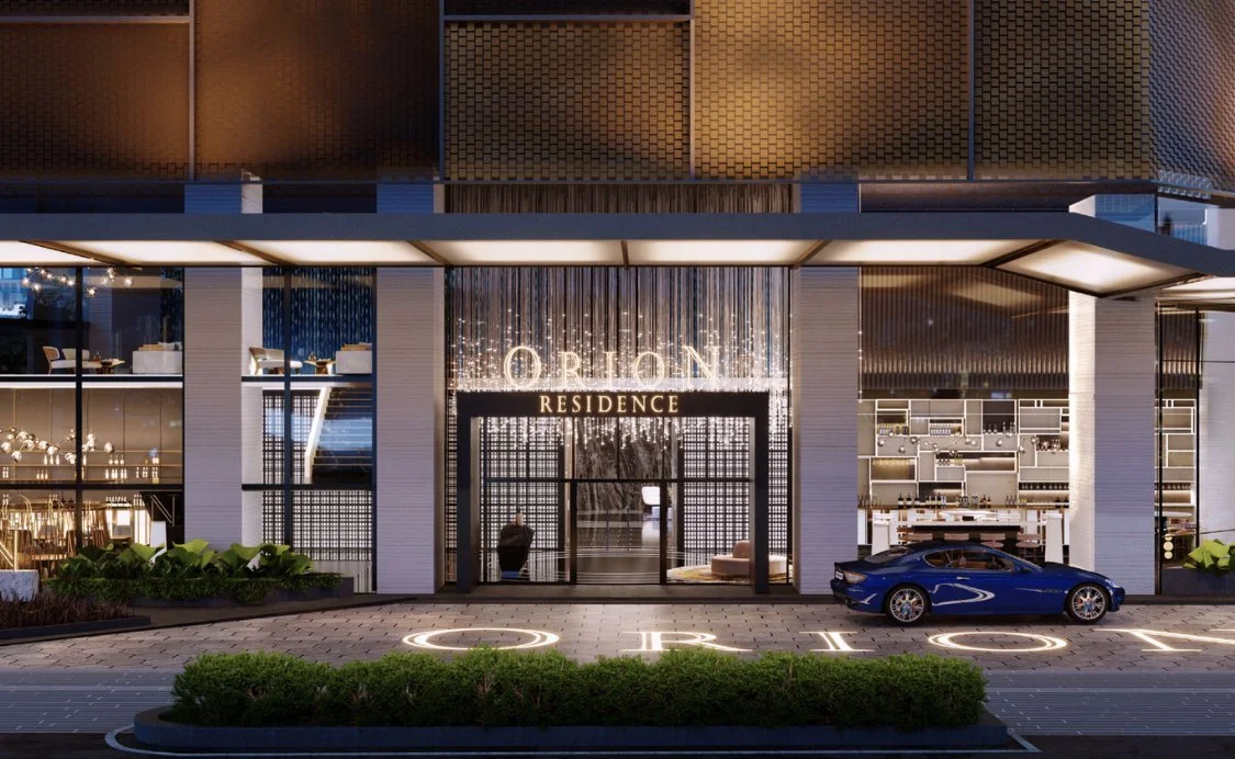 Main entrance of Orion Residence Kuala Lumpur with illuminated signage and modern façade.