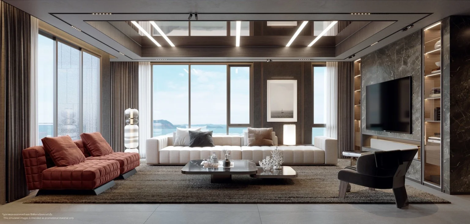 Penthouse living room with panoramic sea views at The Panora Estuaria, Baan Amphur Pattaya.