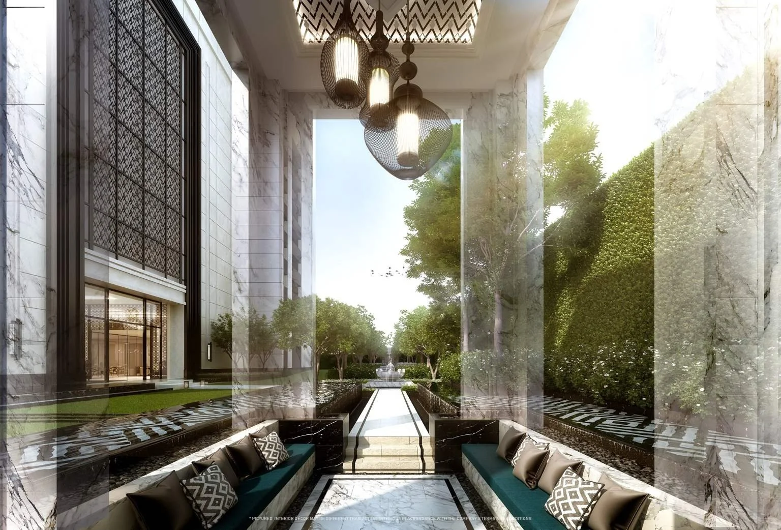 River Sala pavilion at The Address Siam–Ratchathewi with marble finishes, shaded seating and landscaped garden outlook.