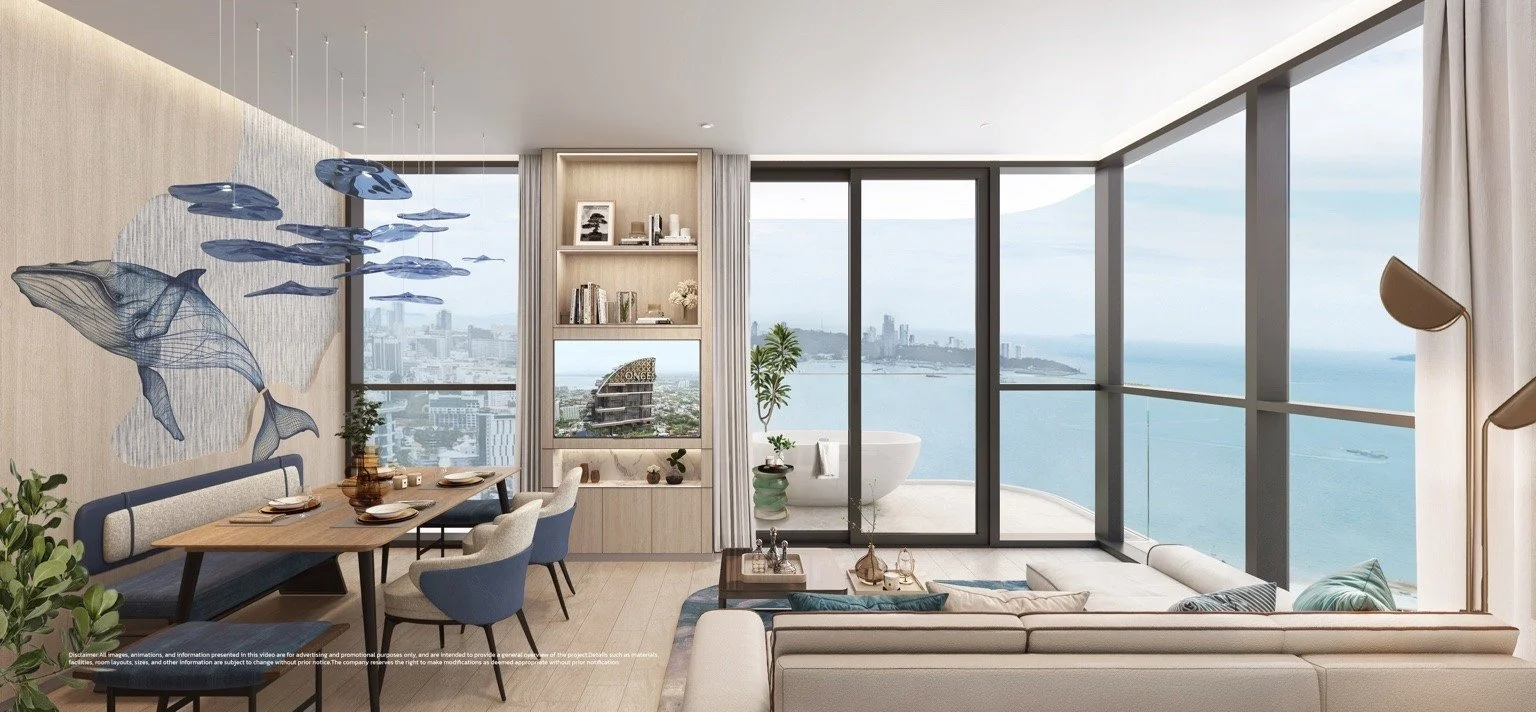 2-bedroom Pattaya Bay unit render with open-plan living and balcony jacuzzi overlooking the sea.