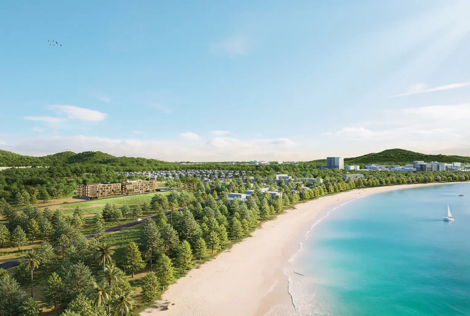 Aerial view of The Zero Nai Yang condominium near Nai Yang Beach and Sirinat National Park, Phuket.