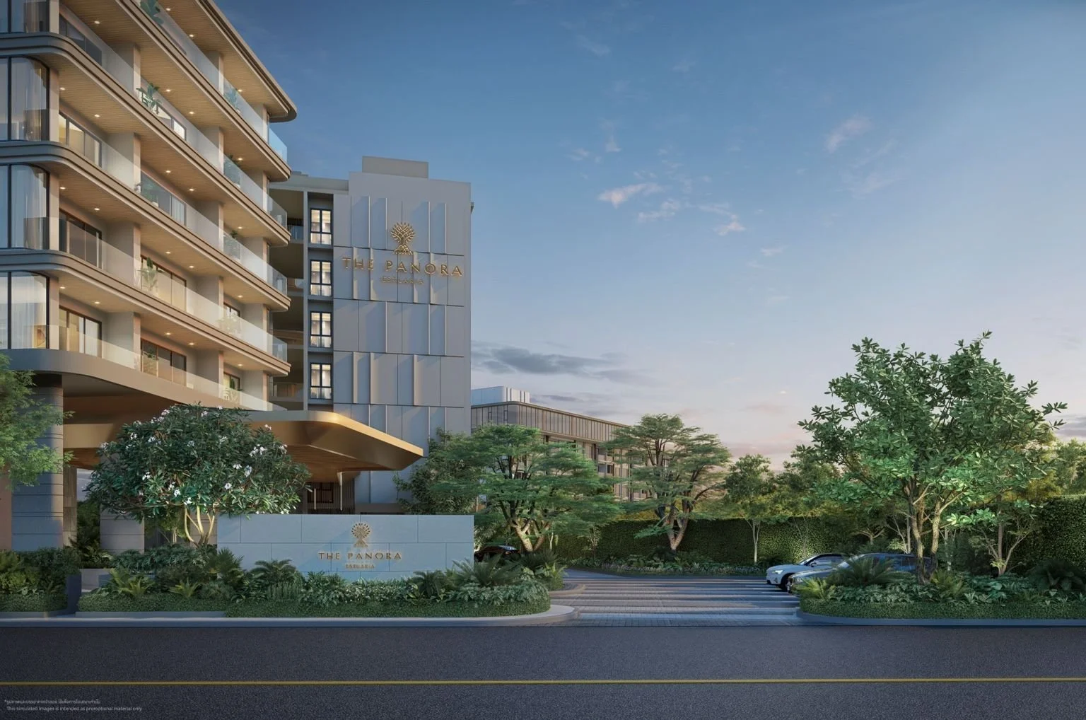 Entrance view of The Panora Estuaria with landscaped arrival, Pattaya.