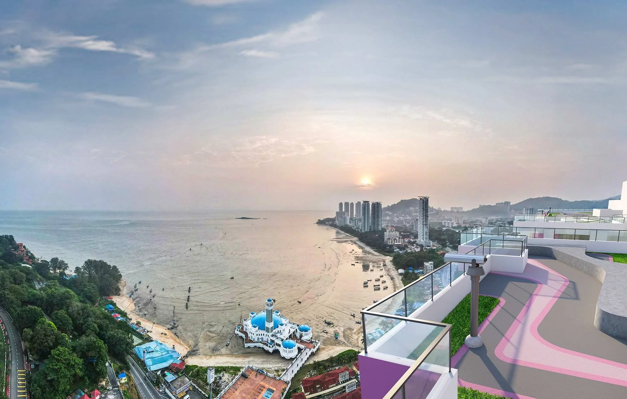 Rooftop sky deck at Blossom Suites with elevated views across the sea and surrounding Penang coastline.