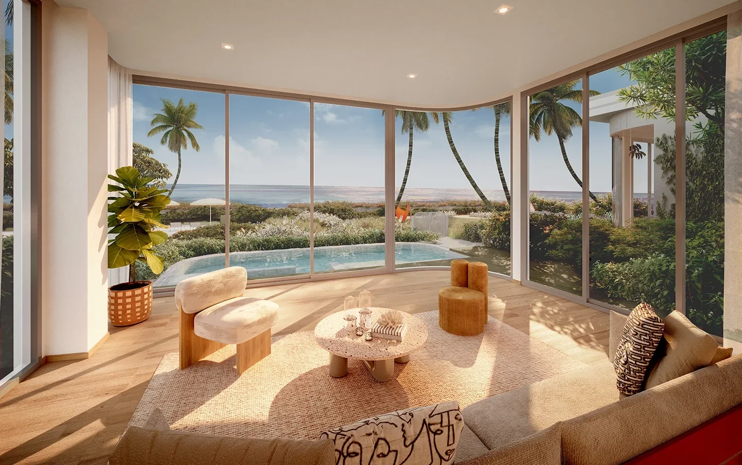 Beachfront villa living area at The Standard Residences Hua Hin overlooking the sea and private pool.