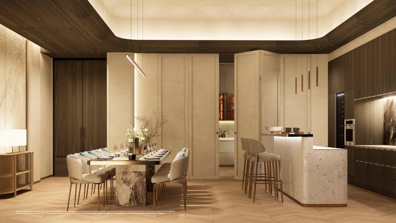 Private dining room with marble table, integrated kitchen and warm wood finishes.