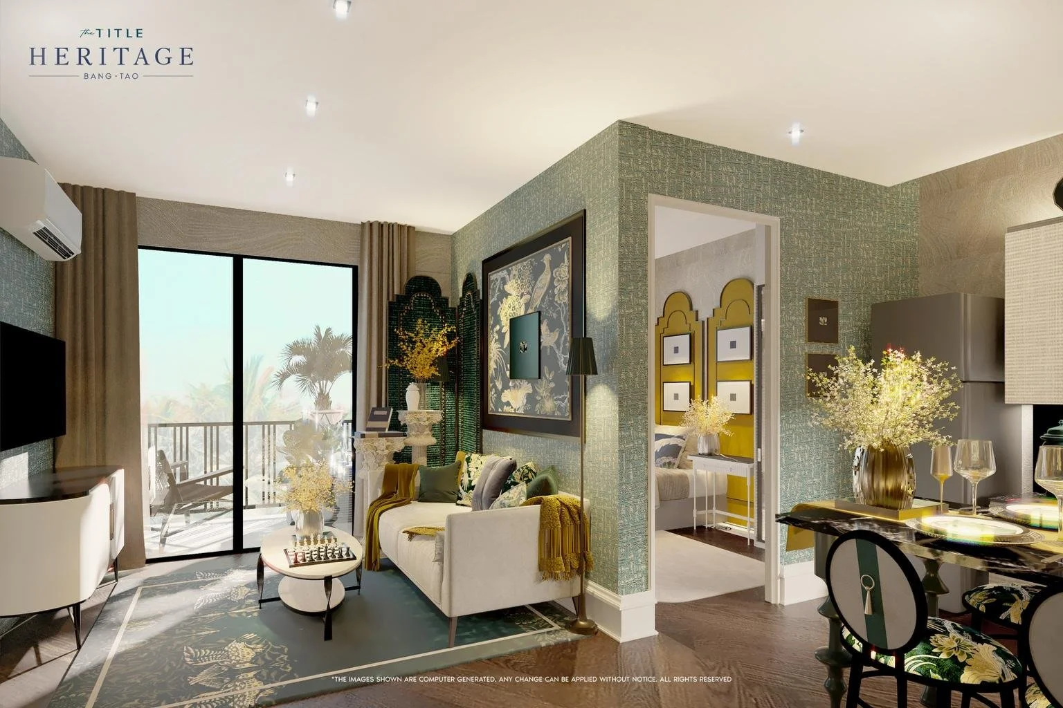 Open-plan living and dining area in a 56 sq m 1-bedroom-plus layout at The Title Heritage Bang Tao.