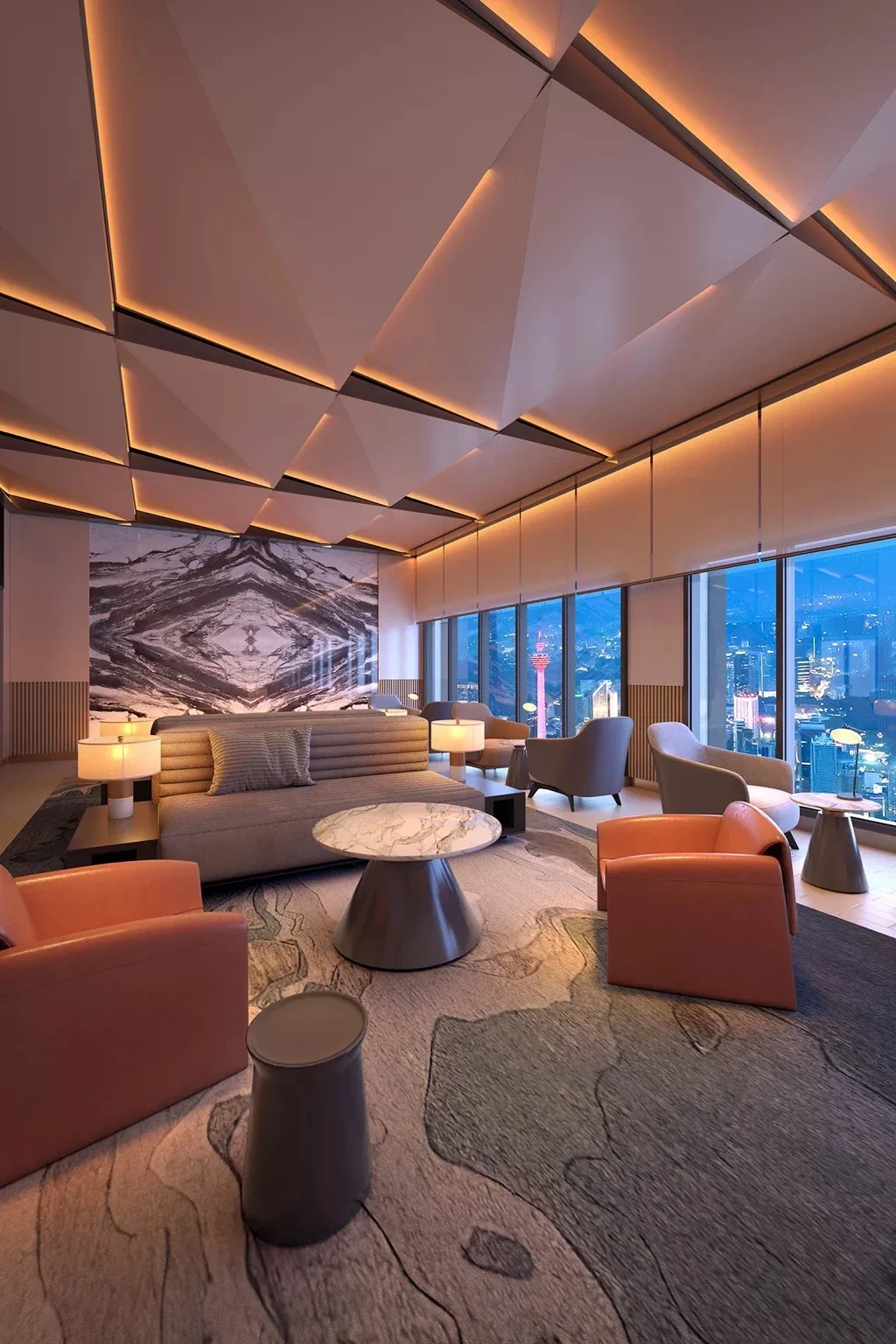 Residents’ lounge at Lofthill Residence, night ambience.