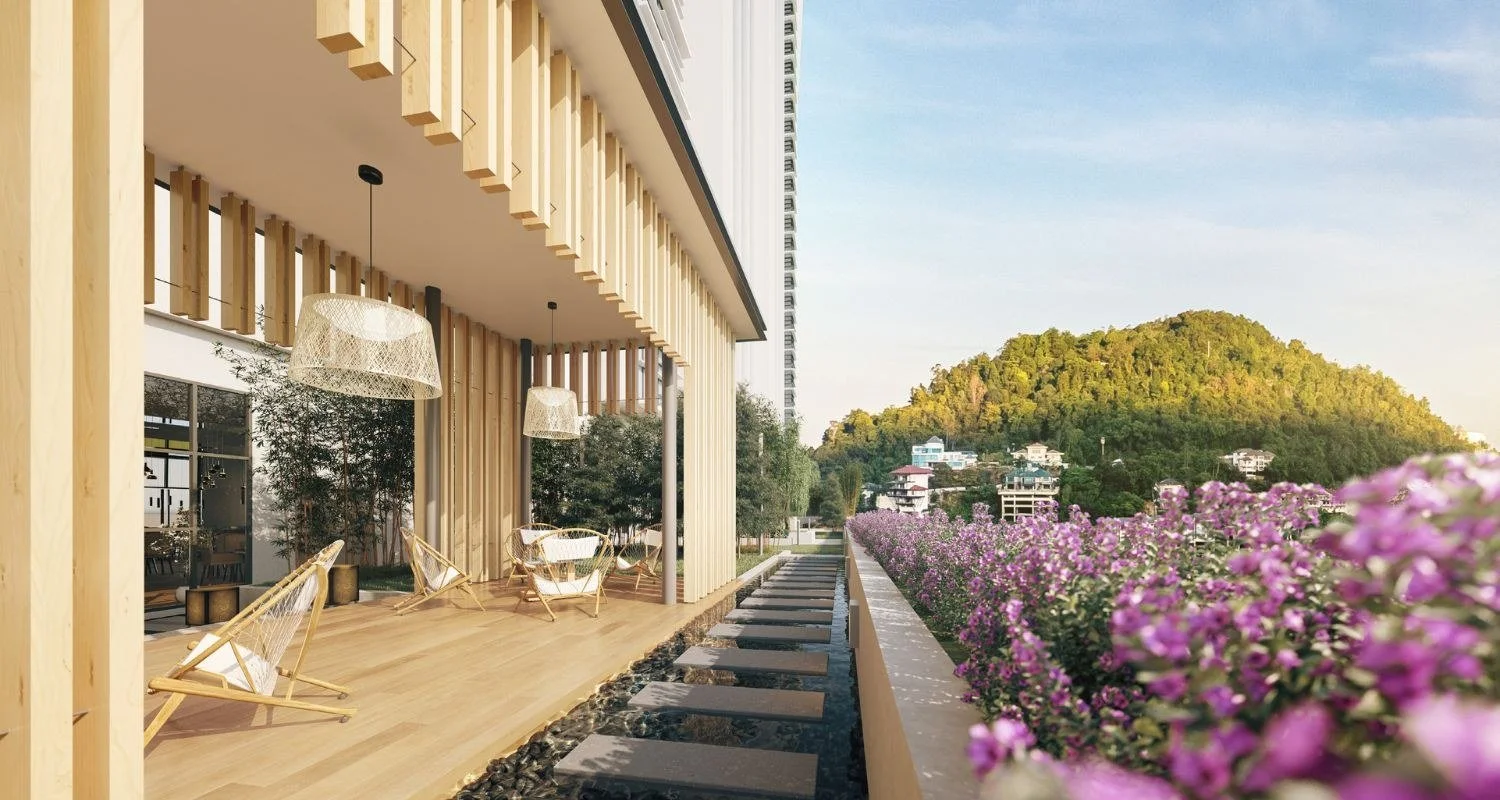 Waterstone Penang Mizu Walkway with timber deck seating, water feature stepping stones and landscaped path overlooking Pearl Hill greenery.