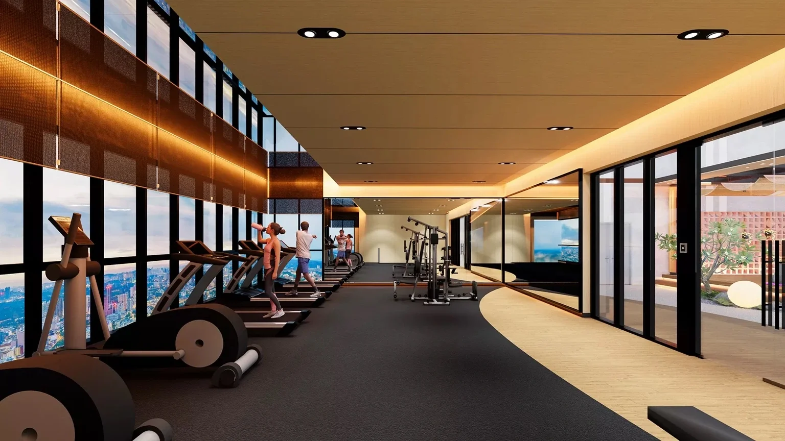 Cardio area facing city views at Lofthill Residence gym.