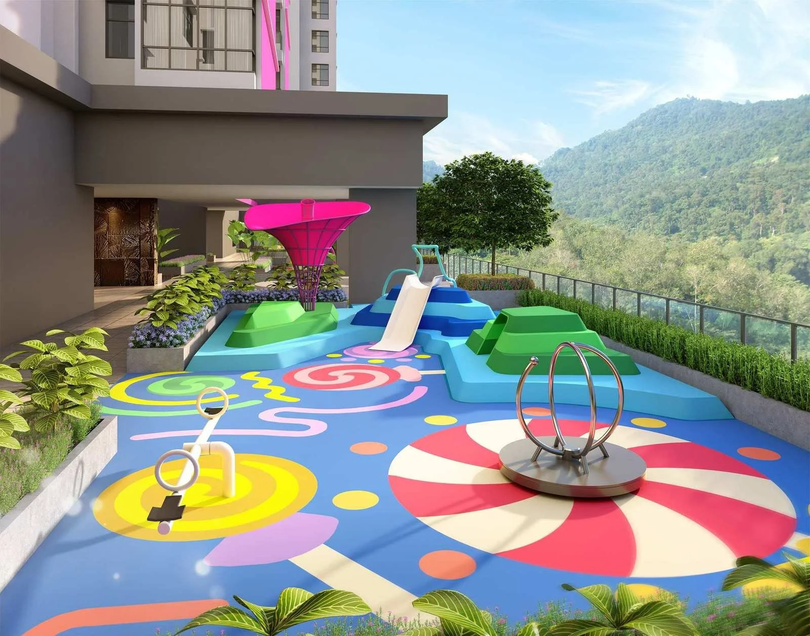 Children’s outdoor play area at Blossom Suites with play equipment designed for families and younger residents.