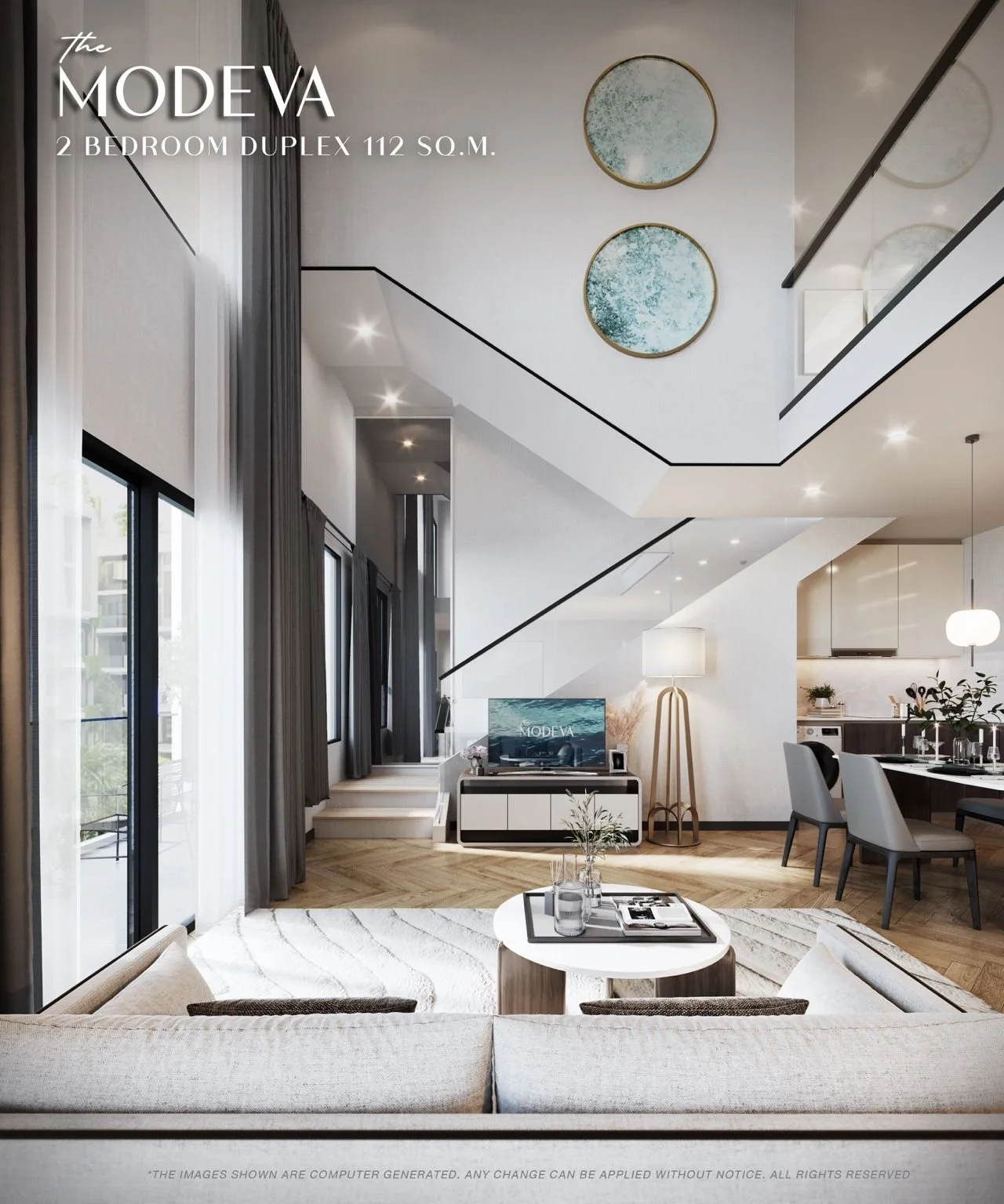 Two-bedroom duplex living area at The Modeva Phuket, 112 sqm layout.