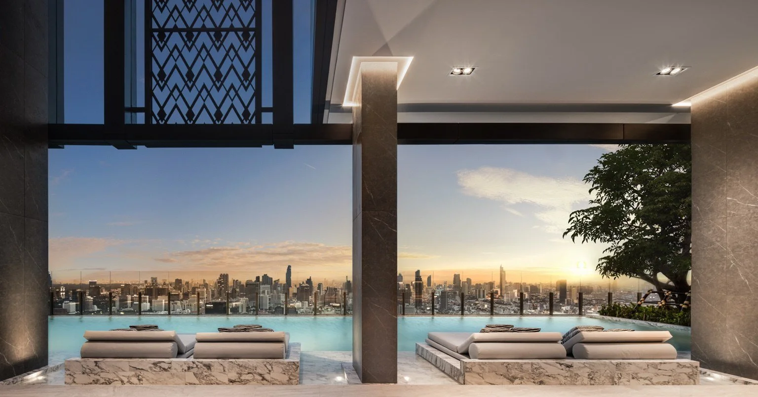 Infinity-style Sky Pool at The Address Siam–Ratchathewi with sunrise skyline views across Bangkok.