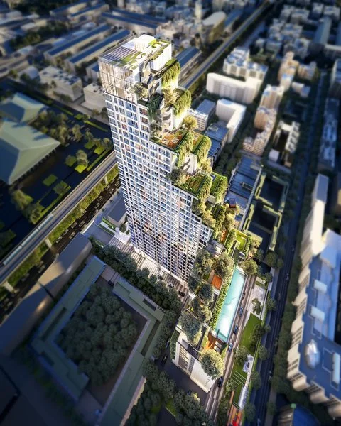 Aerial view of Park Origin Phayathai condominium tower in central Bangkok.