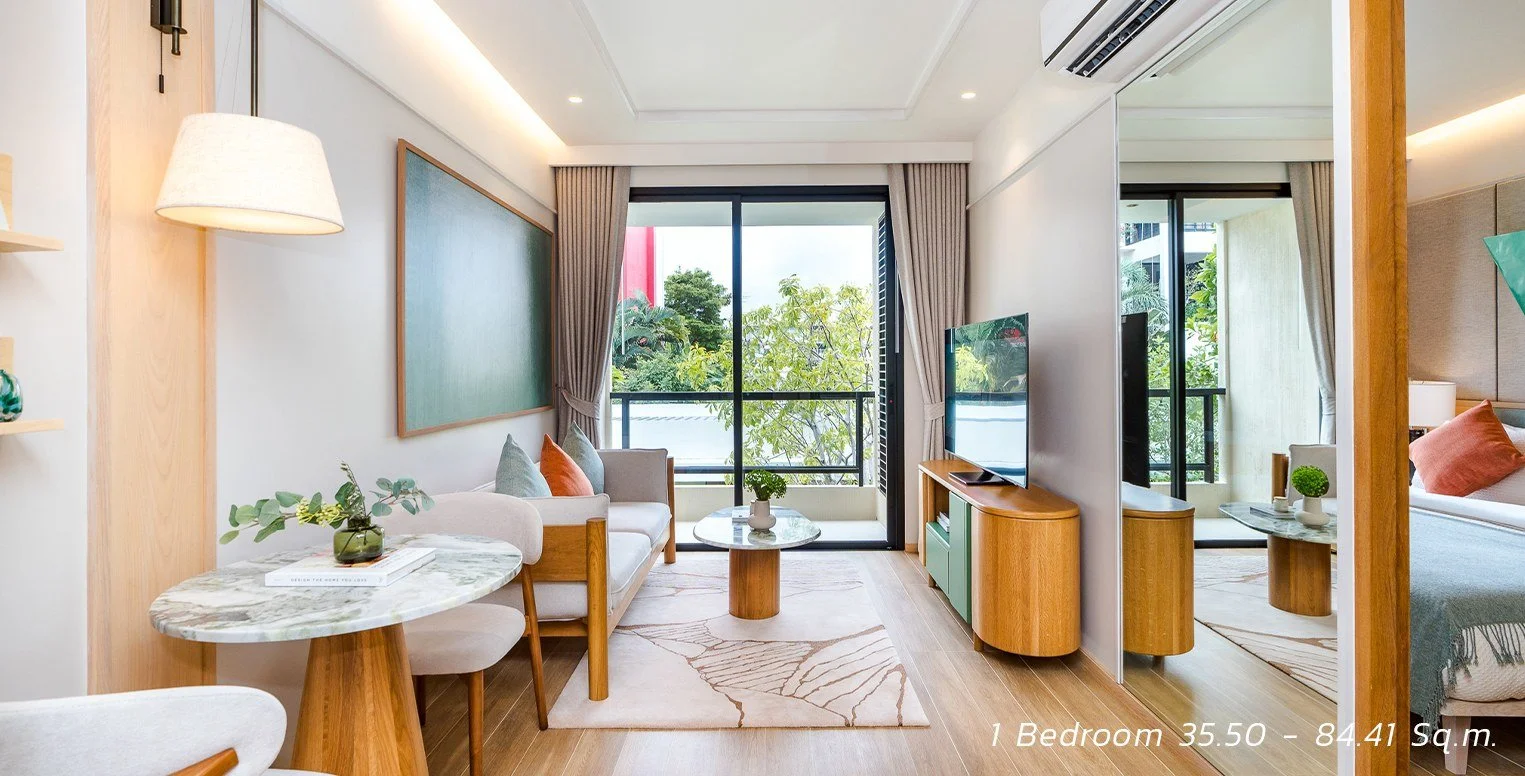 SASA Hua Hin one-bedroom condo living room with balcony and contemporary furnishings.