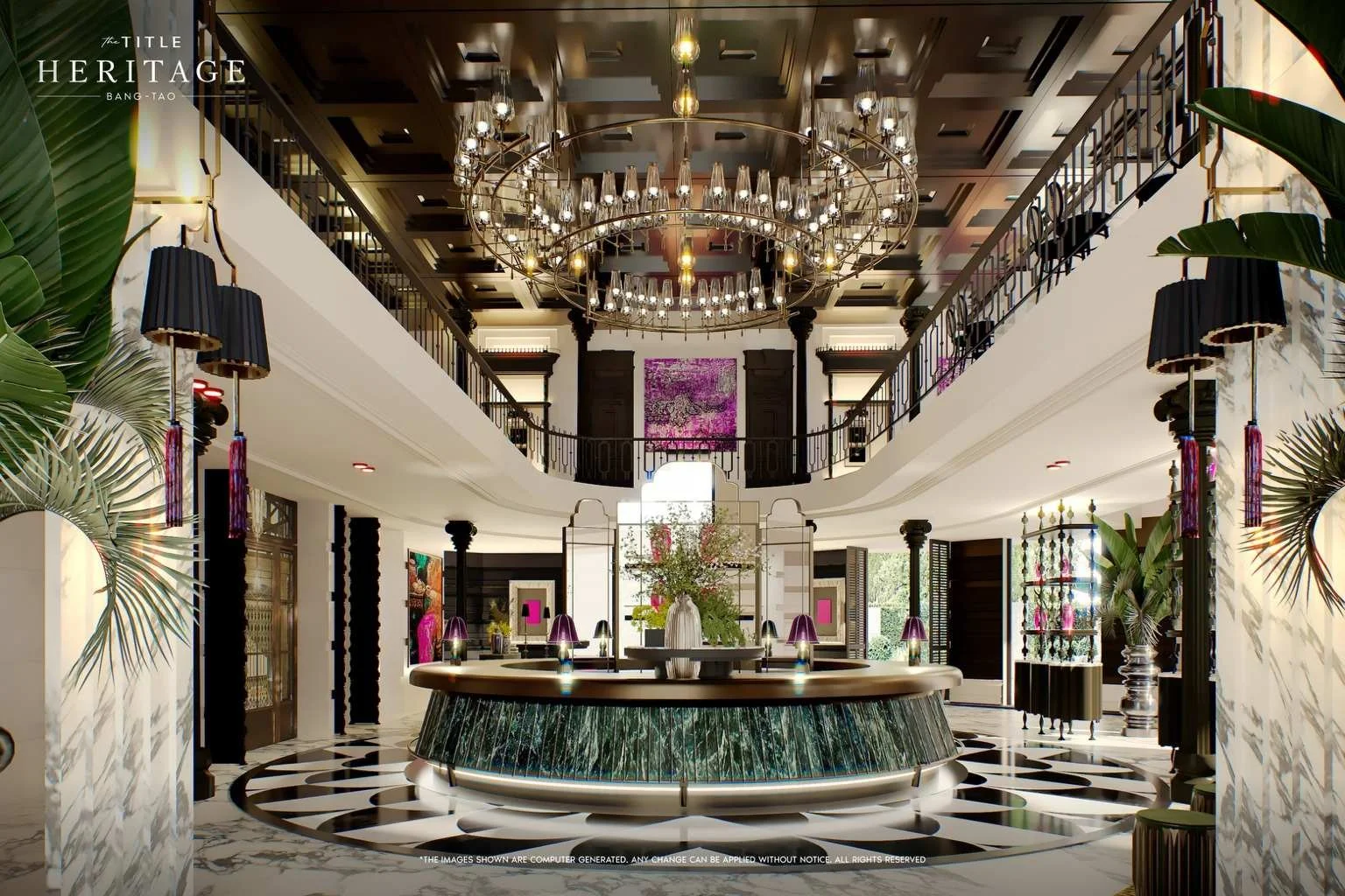 Main reception lobby at The Title Heritage Bang Tao with double-height ceiling, chandelier lighting and heritage-inspired design details.