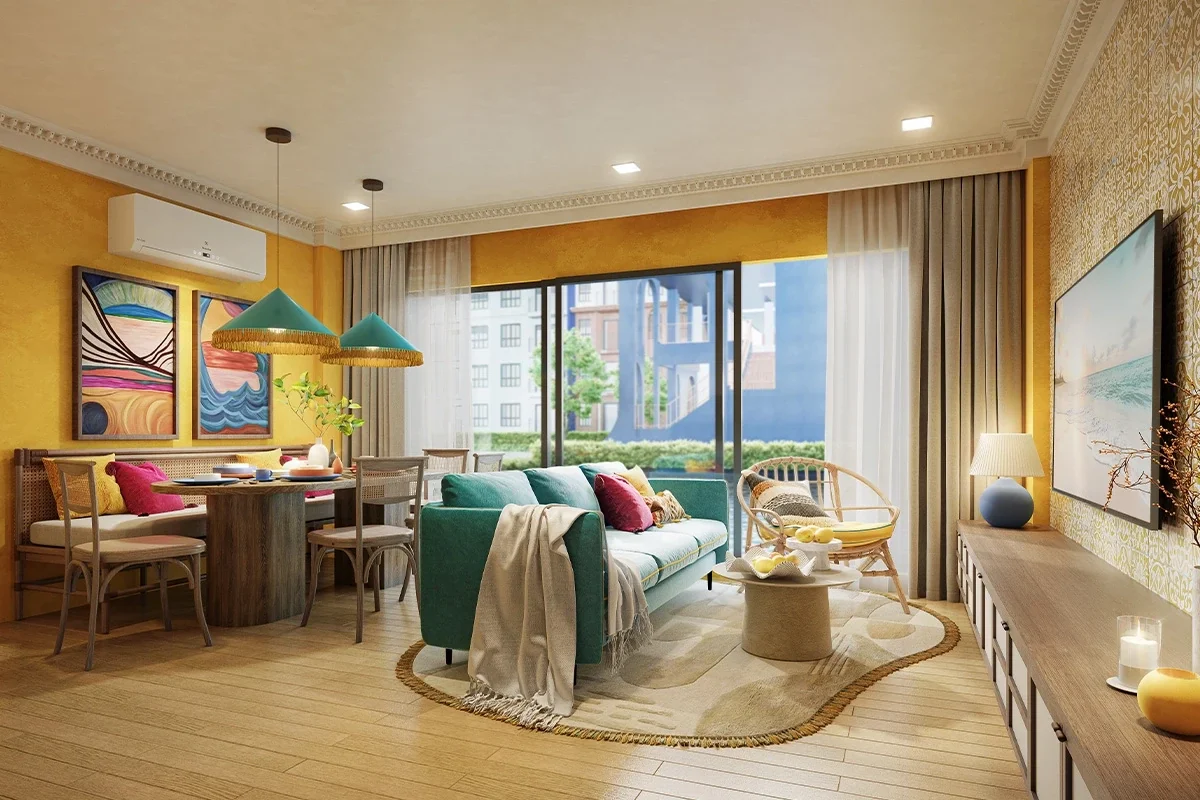 Cabanas Hua Hin condominium living and dining area with colourful coastal-inspired interior design.