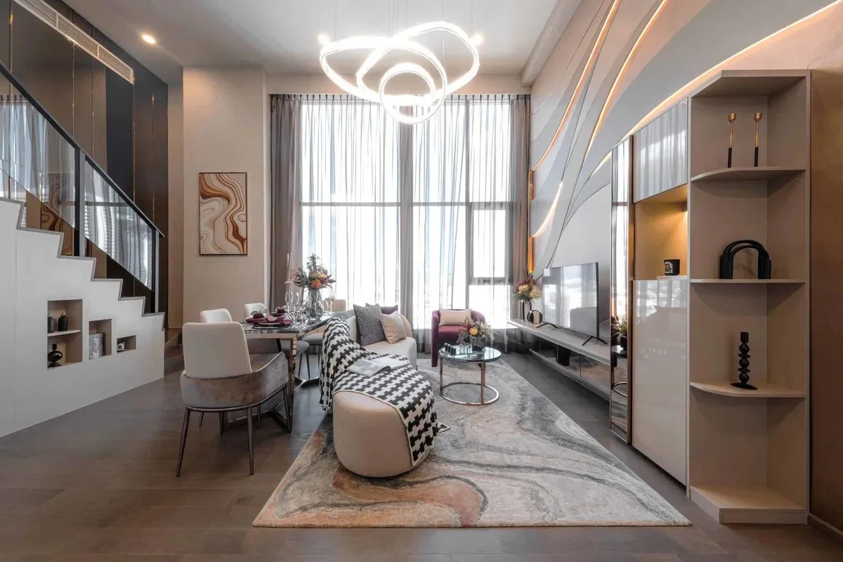 Duplex living room show unit interior at Park Origin Phayathai.
