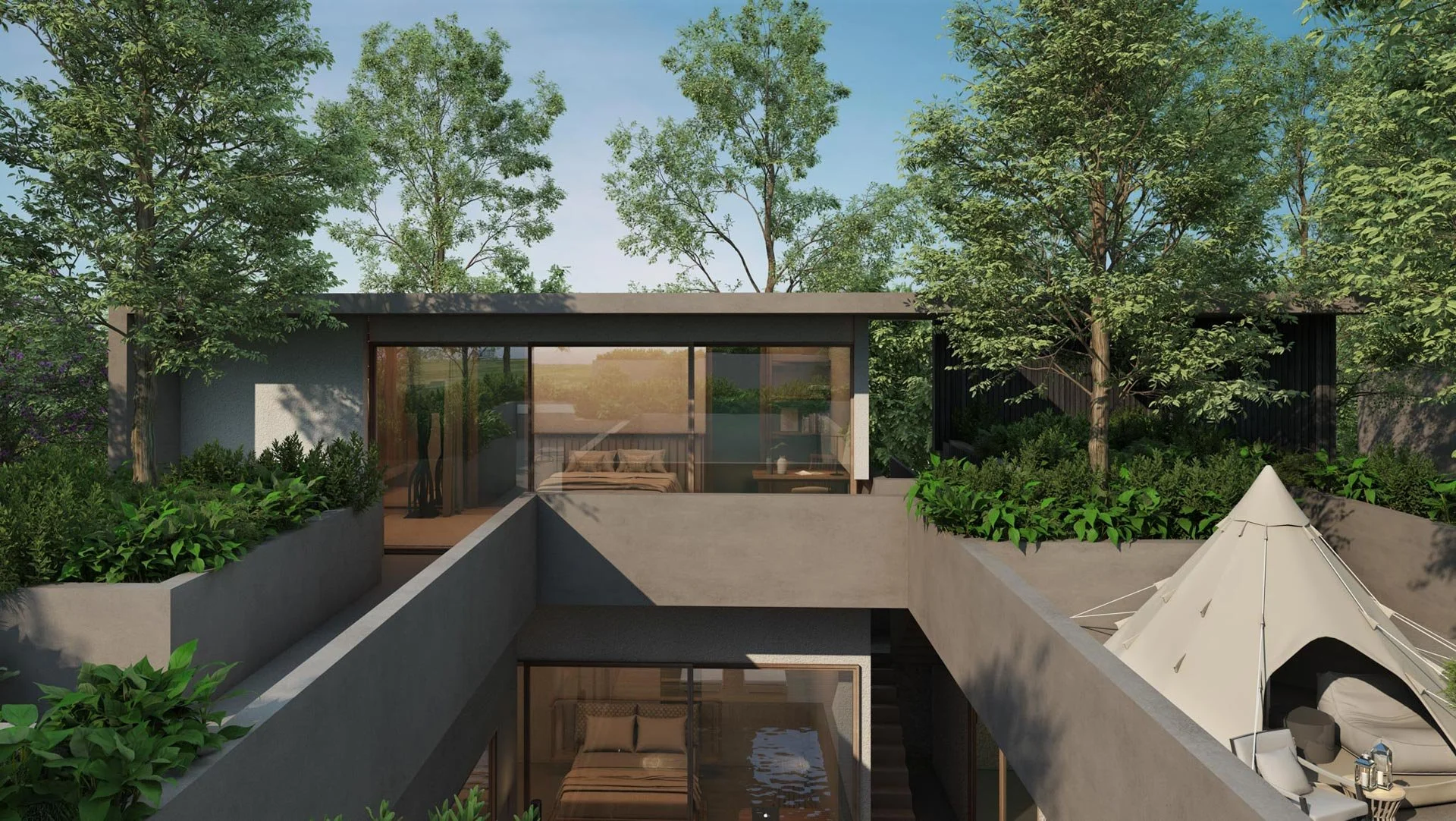 Villa Qabalah rooftop garden and upper-level bedrooms surrounded by lush greenery in Bangjo, Phuket