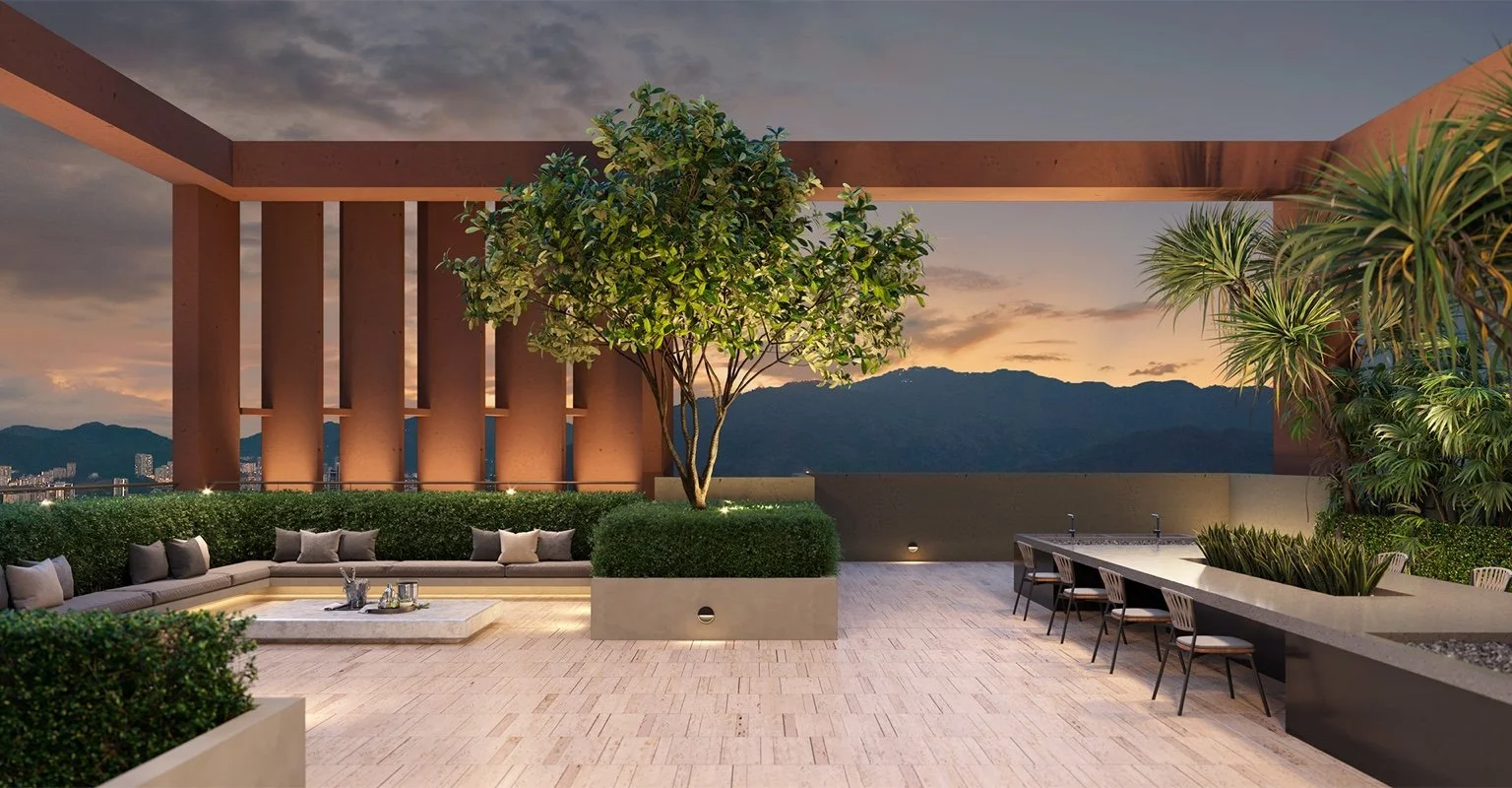 Sky terrace garden at The Lume by E&O with outdoor lounge seating, landscaped planting and sunset views.