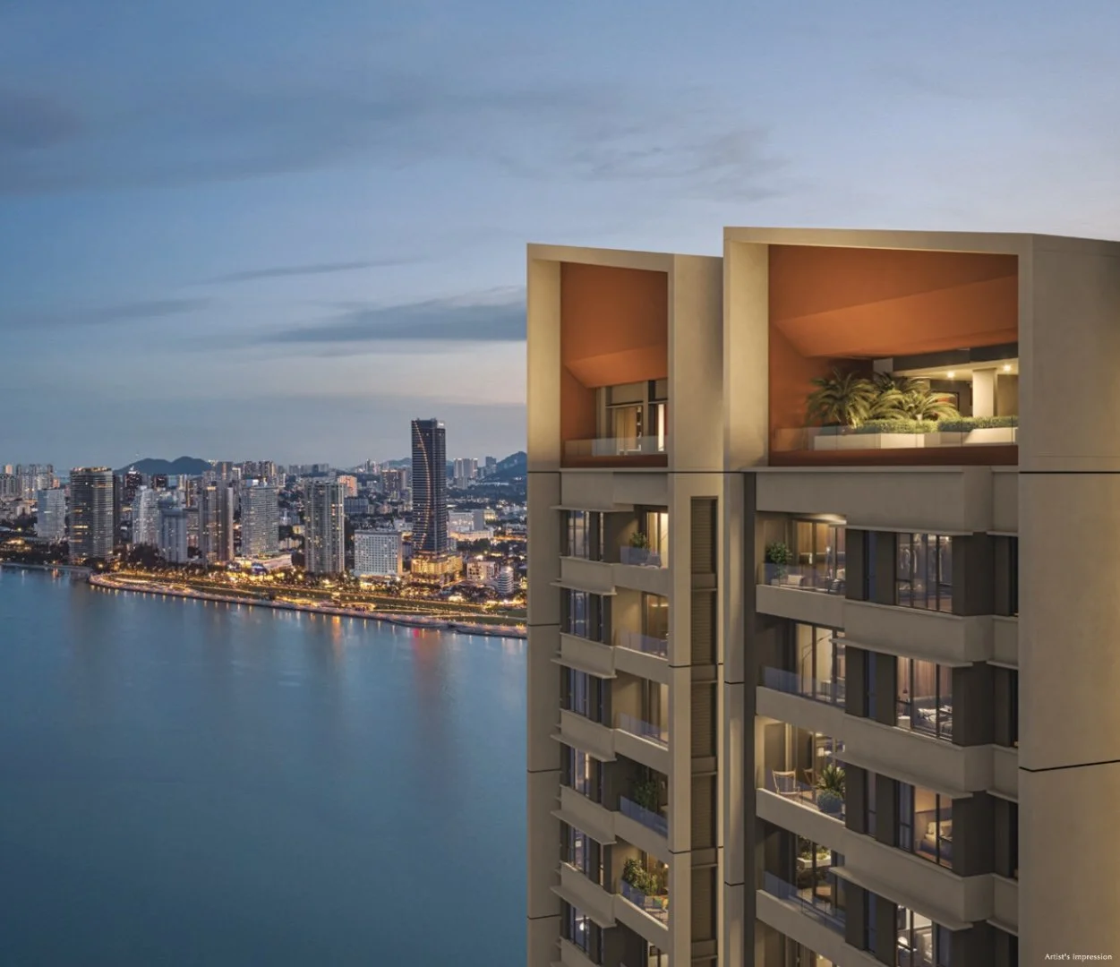 Sea-view residences at Maris overlooking Penang’s waterfront skyline at dusk.