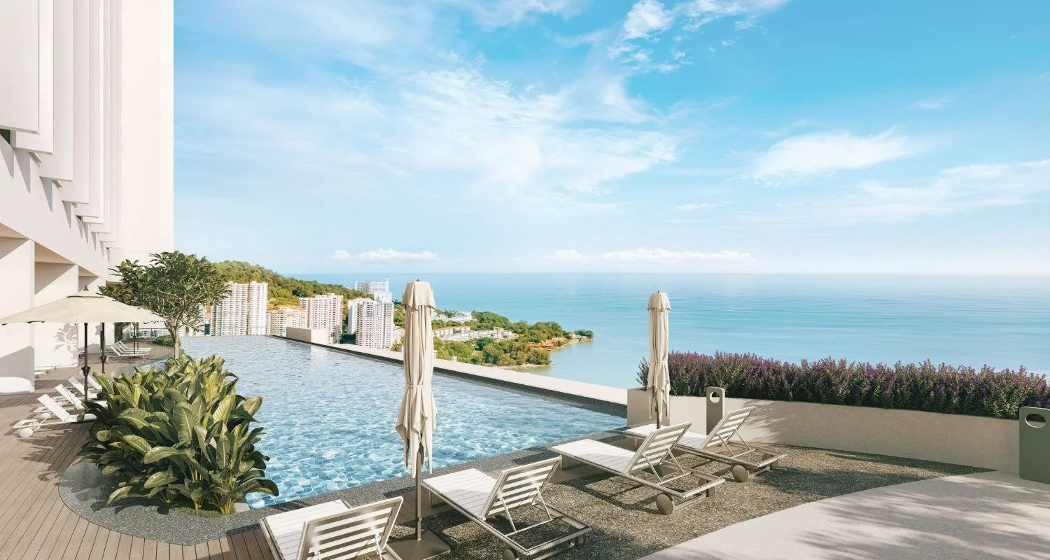 Infinity pool at Waterstone Penang overlooking the sea and northern coastline of Tanjung Bungah.