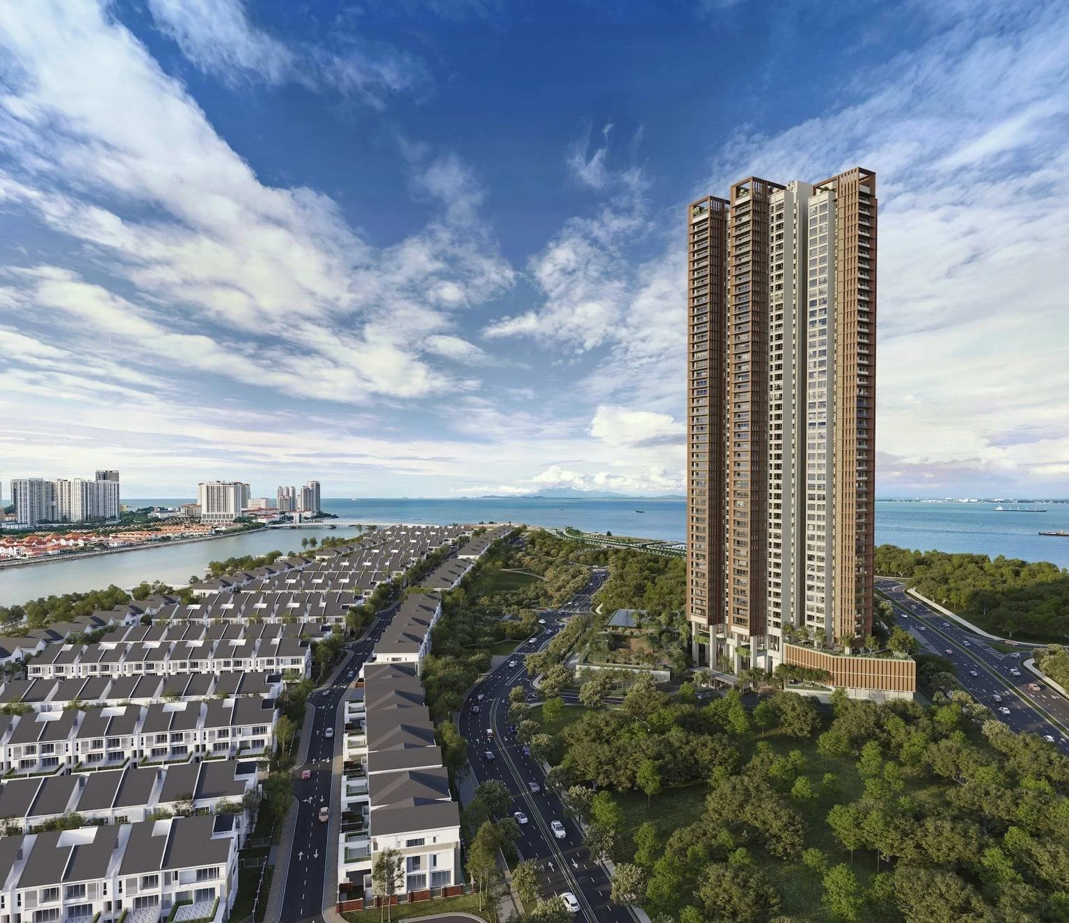 The Lume by E&O residential tower at Andaman Island with surrounding waterfront homes and sea views.