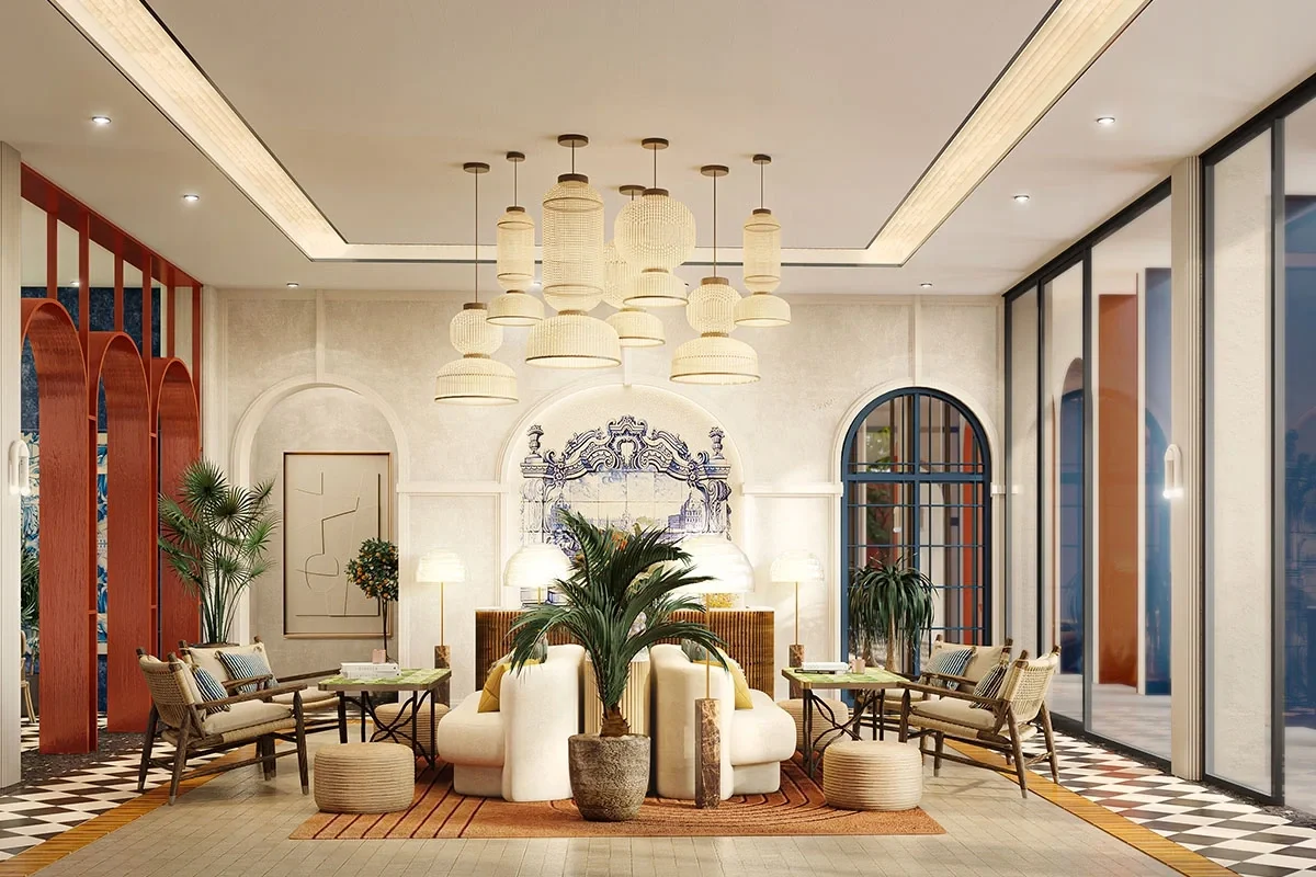 Lisbon-inspired lobby interior at Cabanas Hua Hin with decorative arches, patterned flooring and lounge seating.