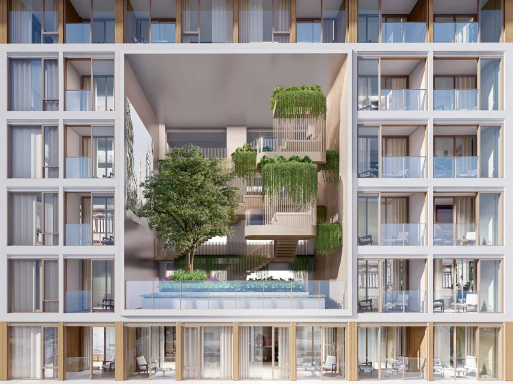 Vehha Hua Hin façade detail showing landscaped lifestyle courtyard and contemporary exterior design in Hua Hin, Thailand.