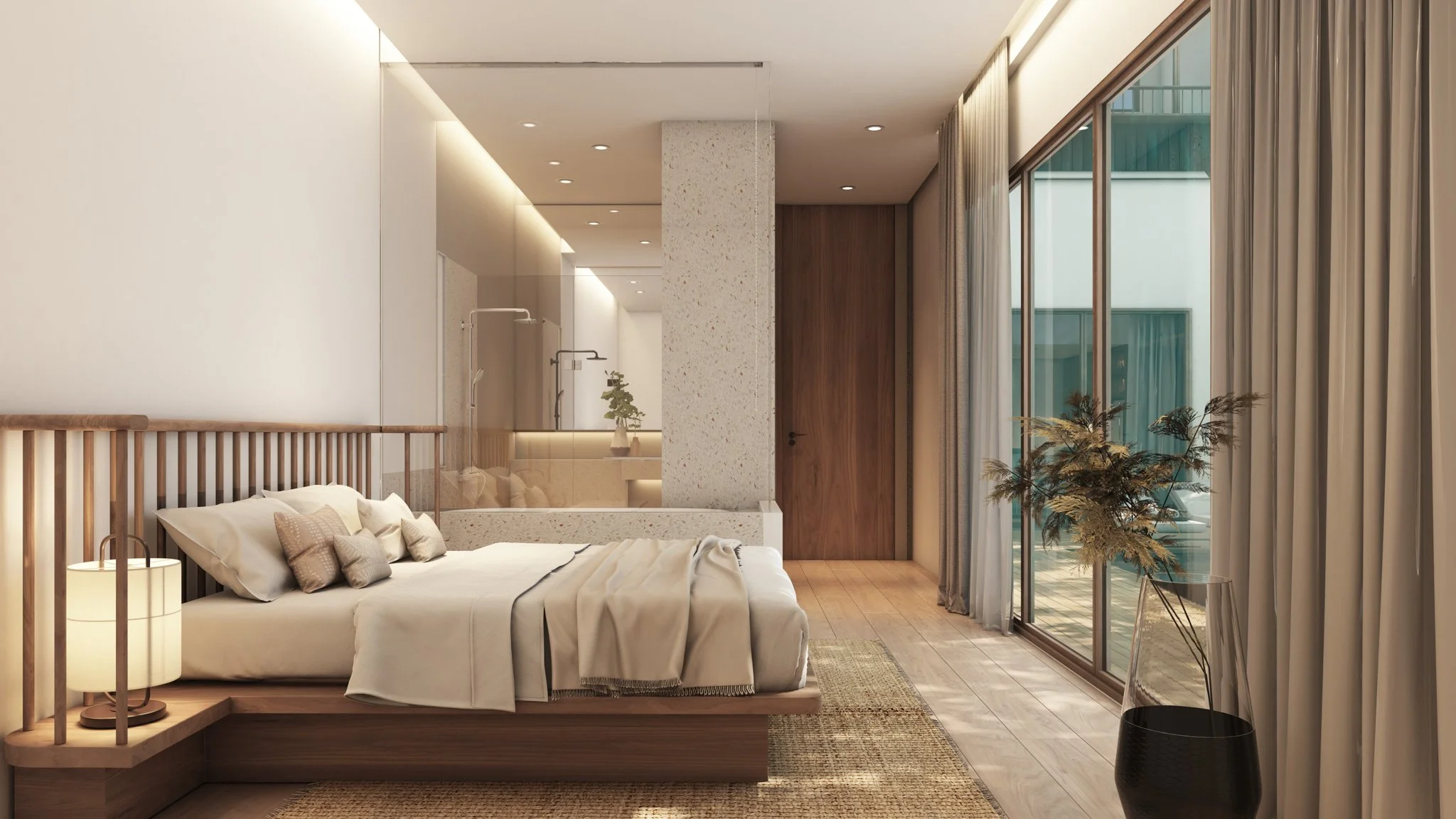 Modern bedroom interior of Villa Qabalah’s Fern villa, with natural textures, pool views, and open-plan en-suite