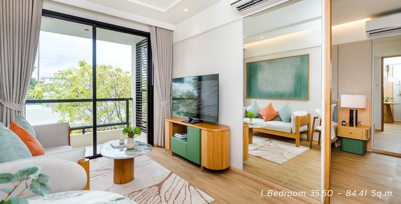 SASA Hua Hin one-bedroom condo living room with balcony and natural light.