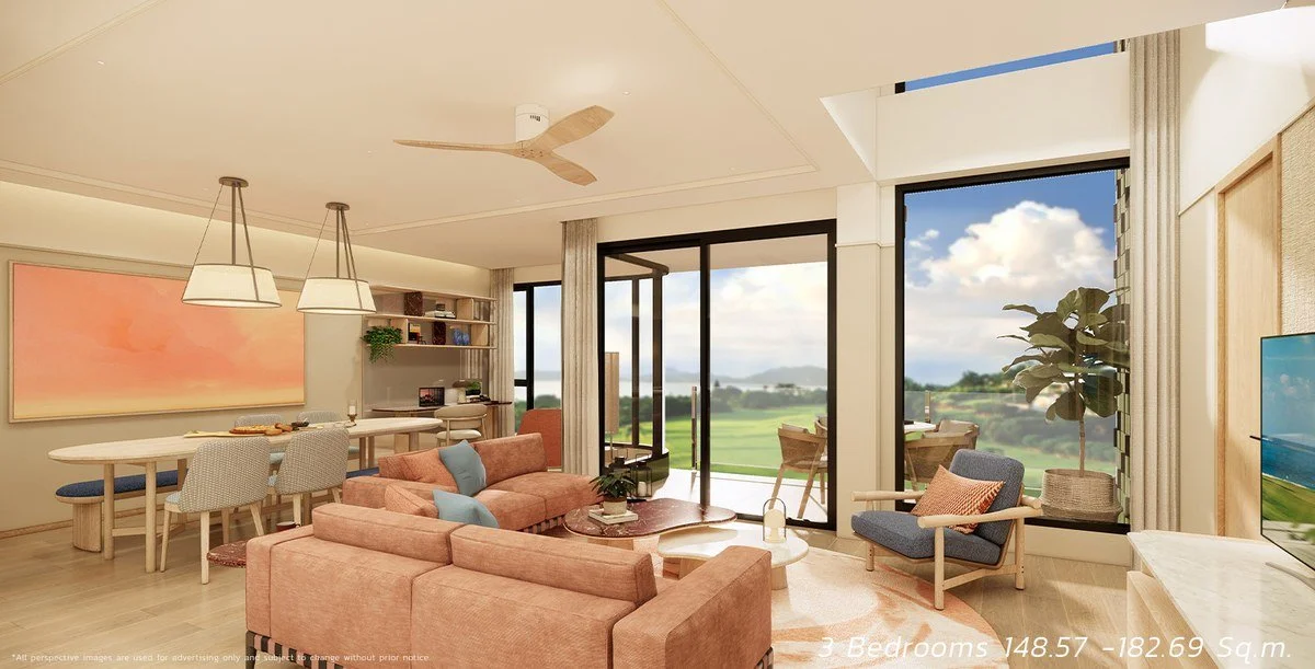 SASA Hua Hin three-bedroom condo with spacious living and dining area overlooking the golf course.