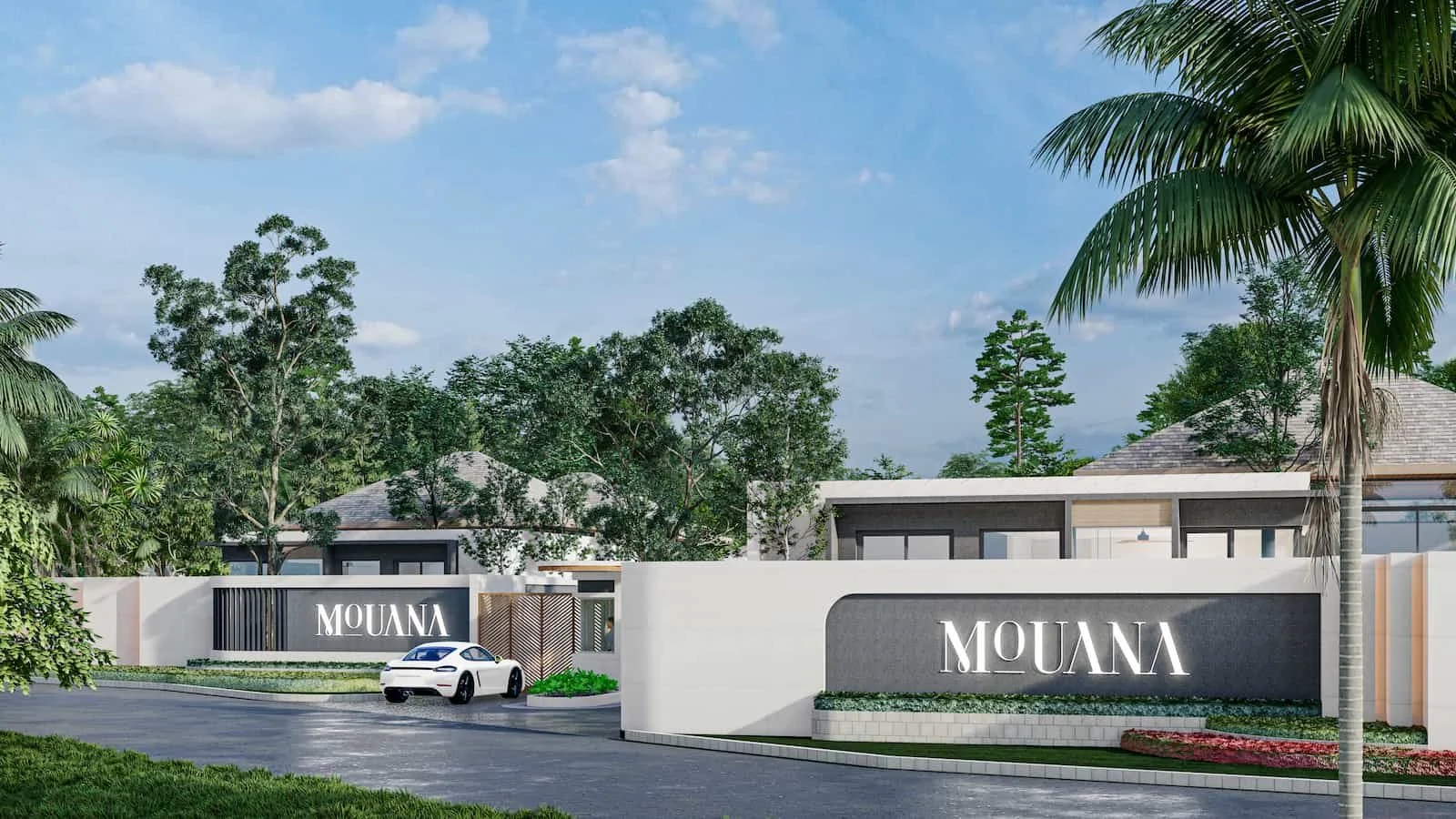 Mouana Serenity Cherngtalay entrace with signage, trees and a car driving in through the gate.