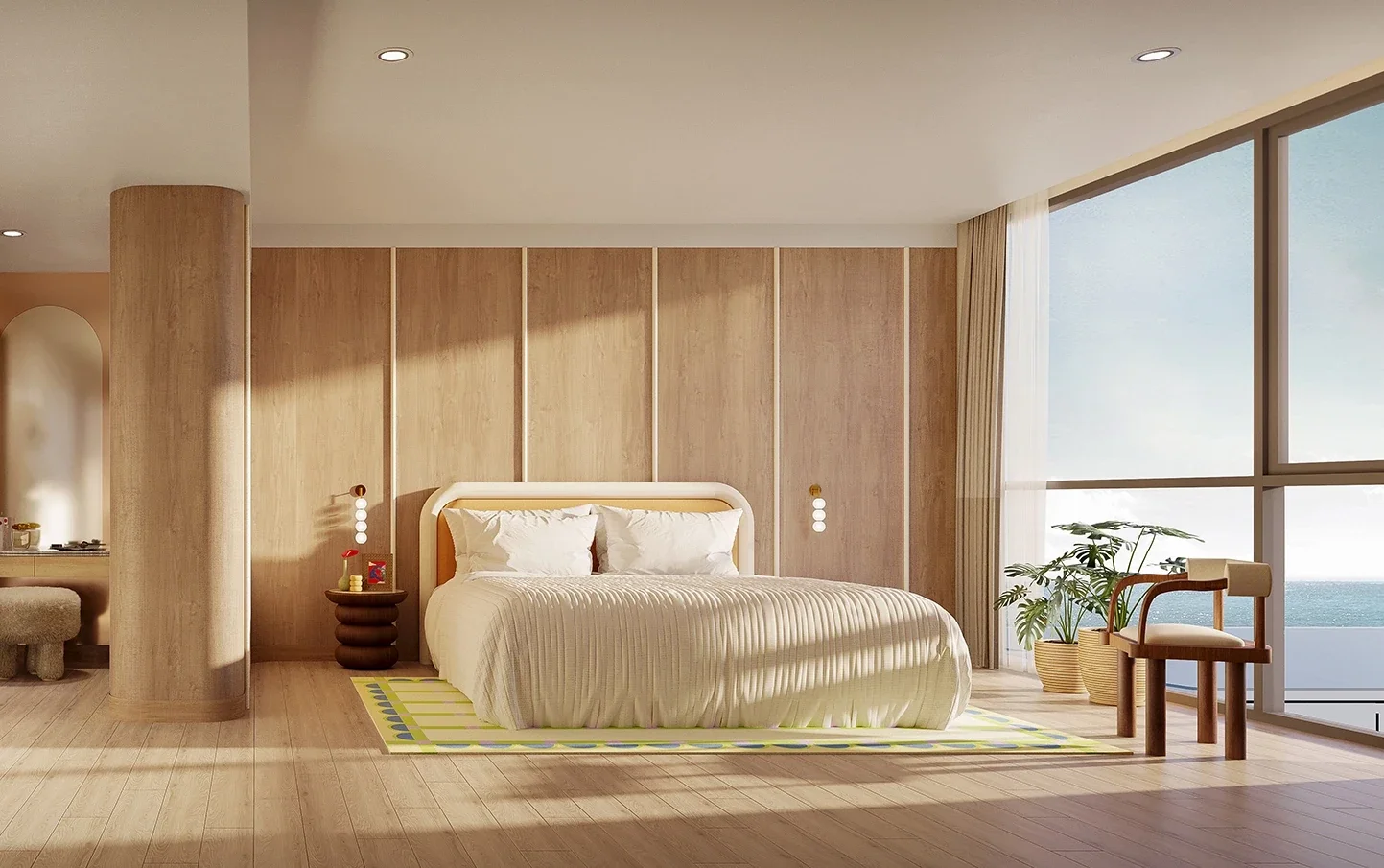 Master bedroom at The Standard Residences Hua Hin with floor-to-ceiling windows and sea view.