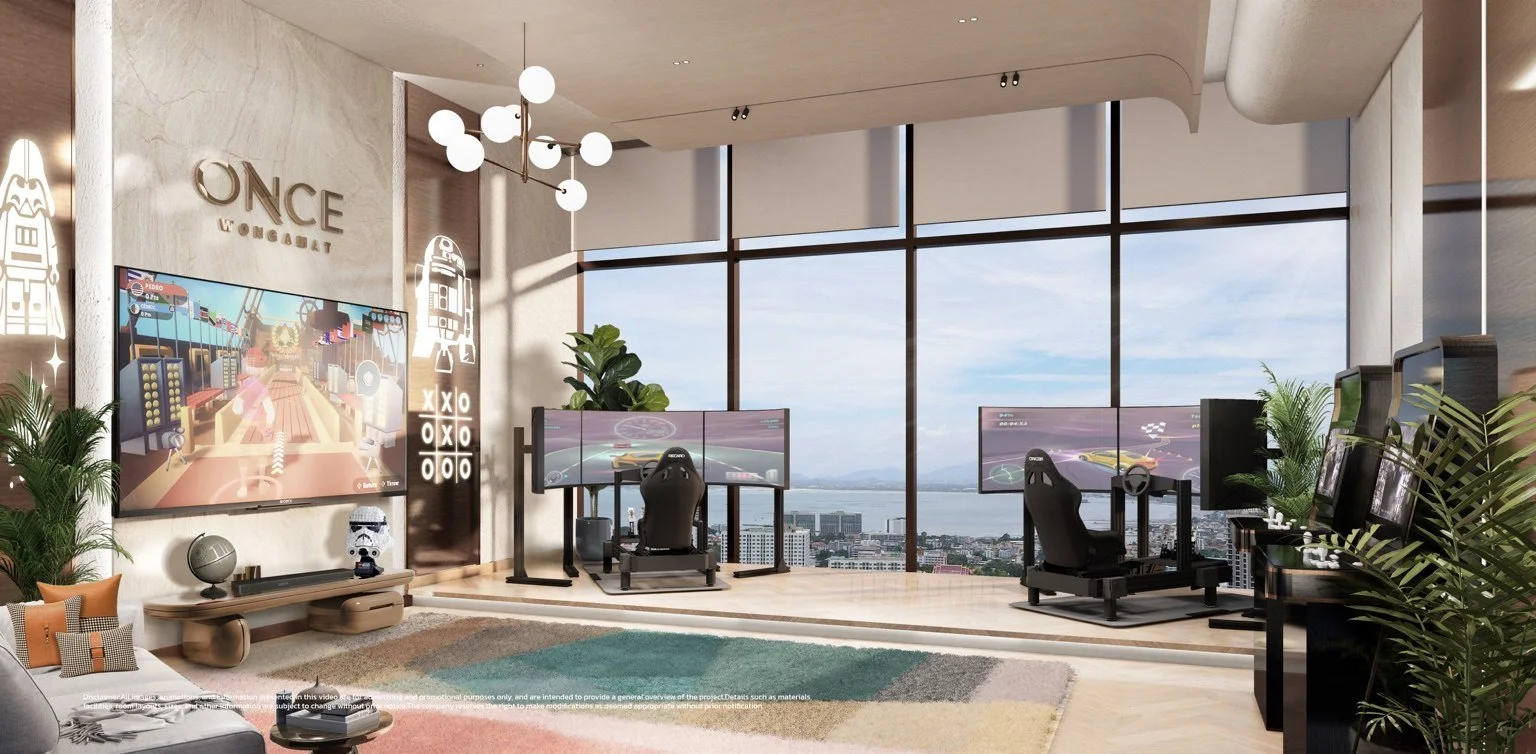 Arcade room render with gaming machines and floor-to-ceiling windows.
