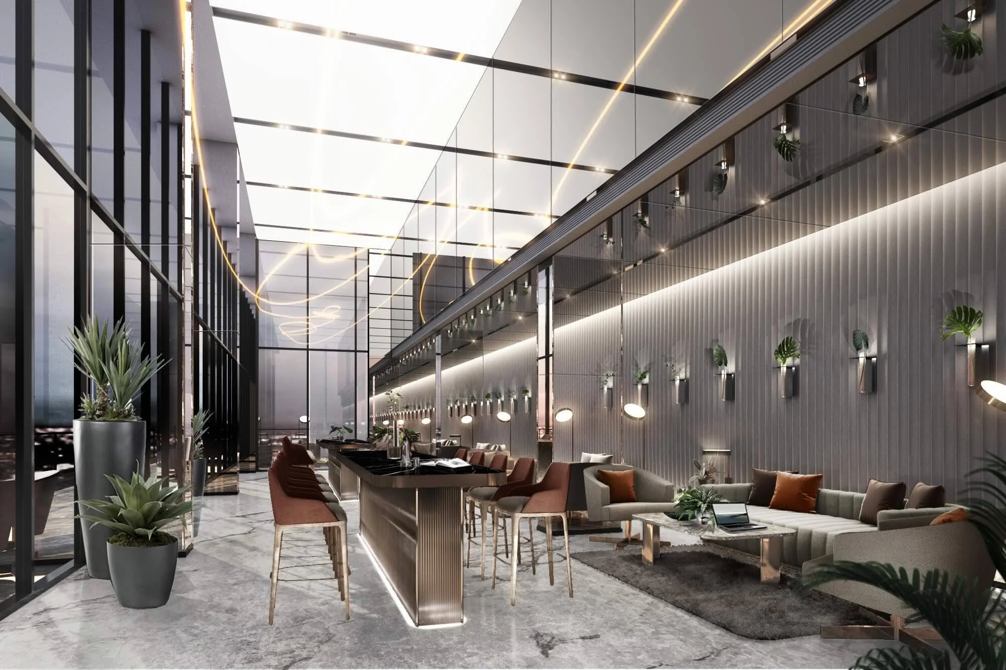 Ideo Sukhumvit Rama 4 Bangkok – rooftop sky bar and seating area with floor-to-ceiling windows.